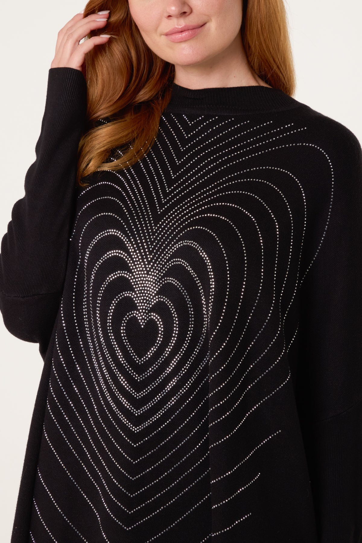 Batwing Diamante Heart High Neck Jumper