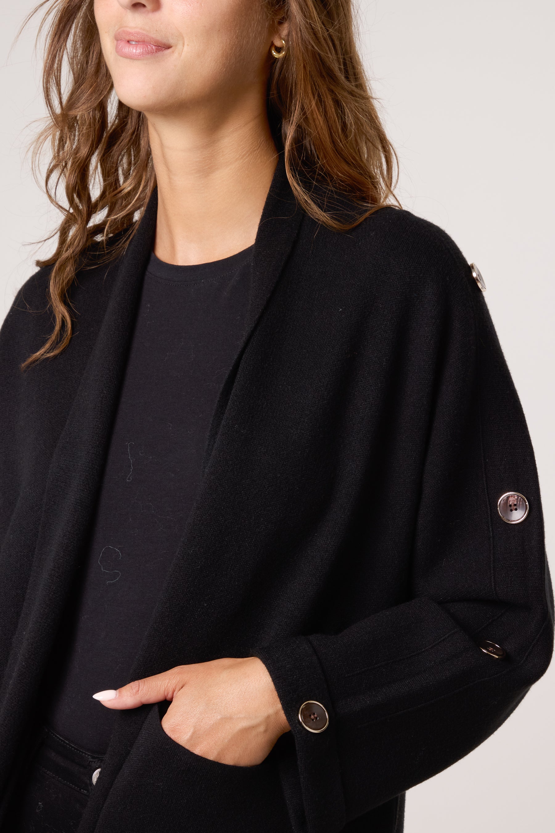 Button Sleeve Open Front Cardigan
