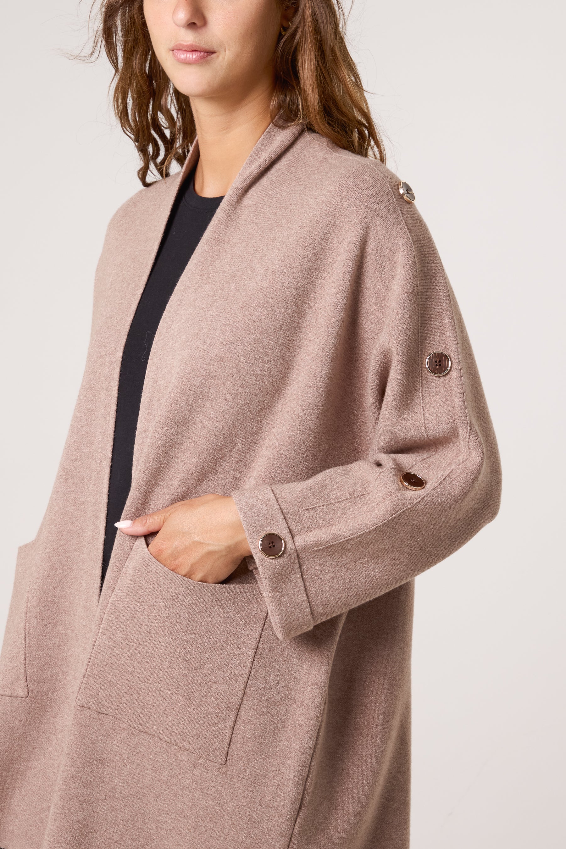 Button Sleeve Open Front Cardigan