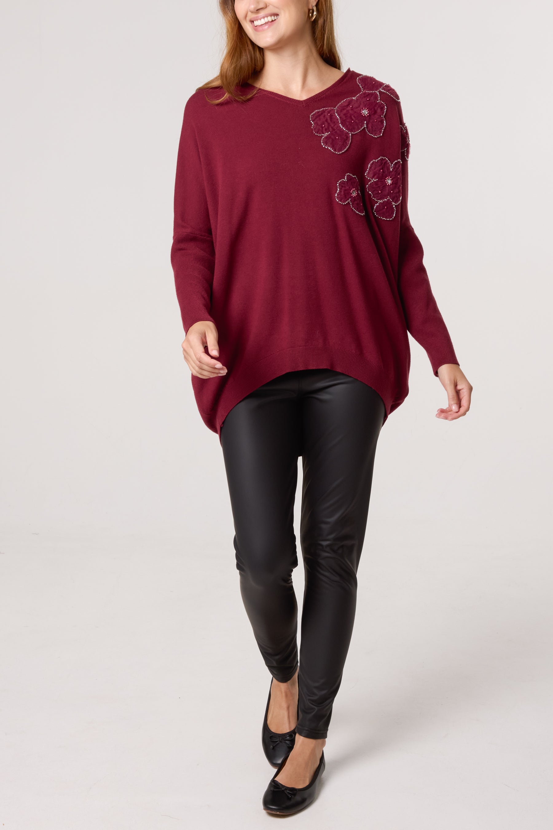 Embellished Flowers V-Neck Jumper