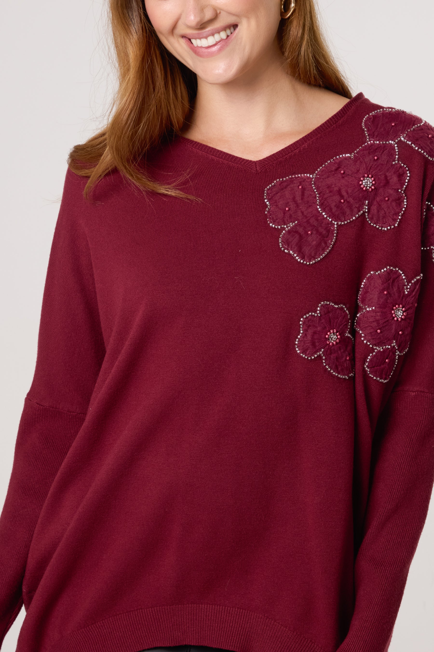 Embellished Flowers V-Neck Jumper