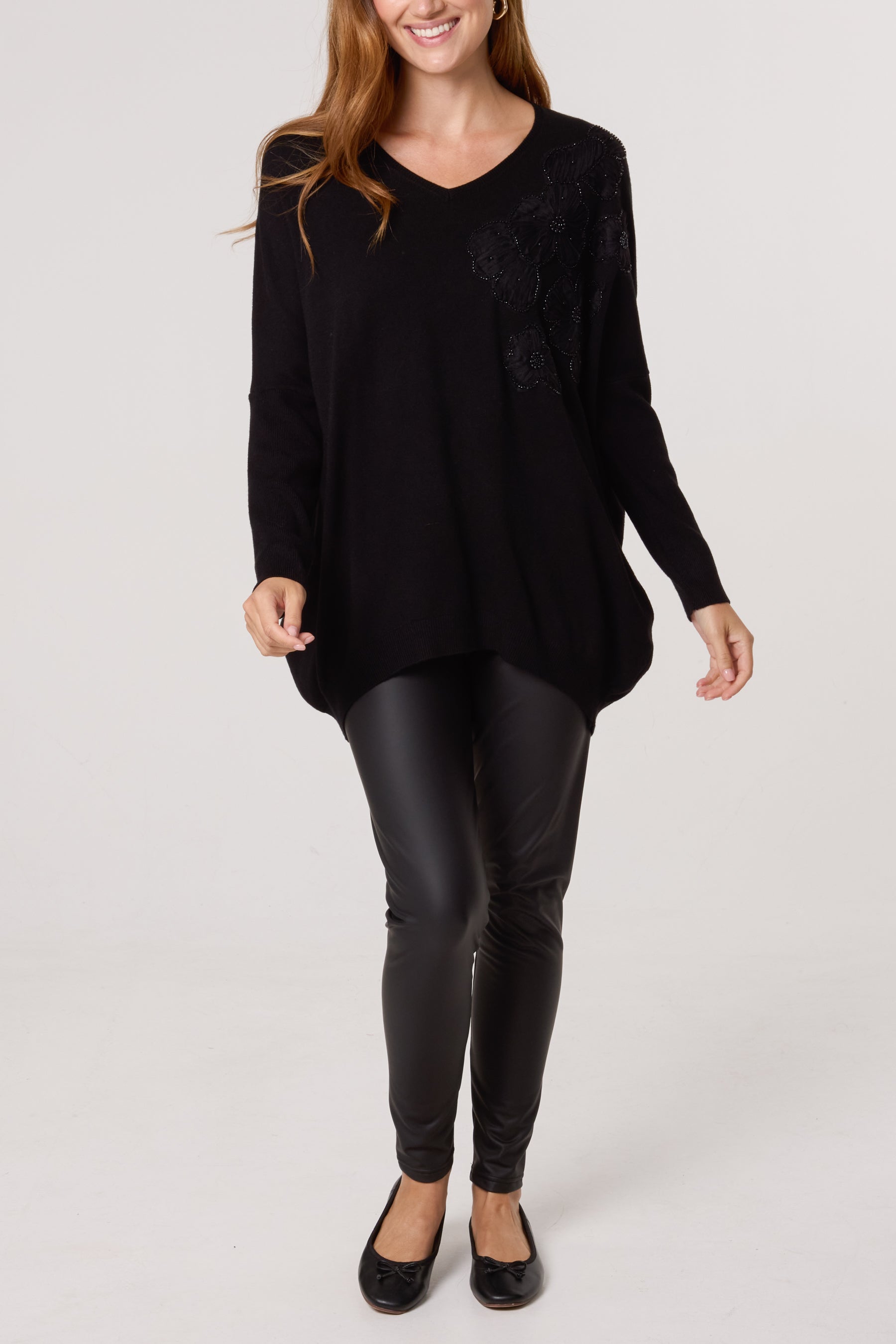 Embellished Flowers V-Neck Jumper