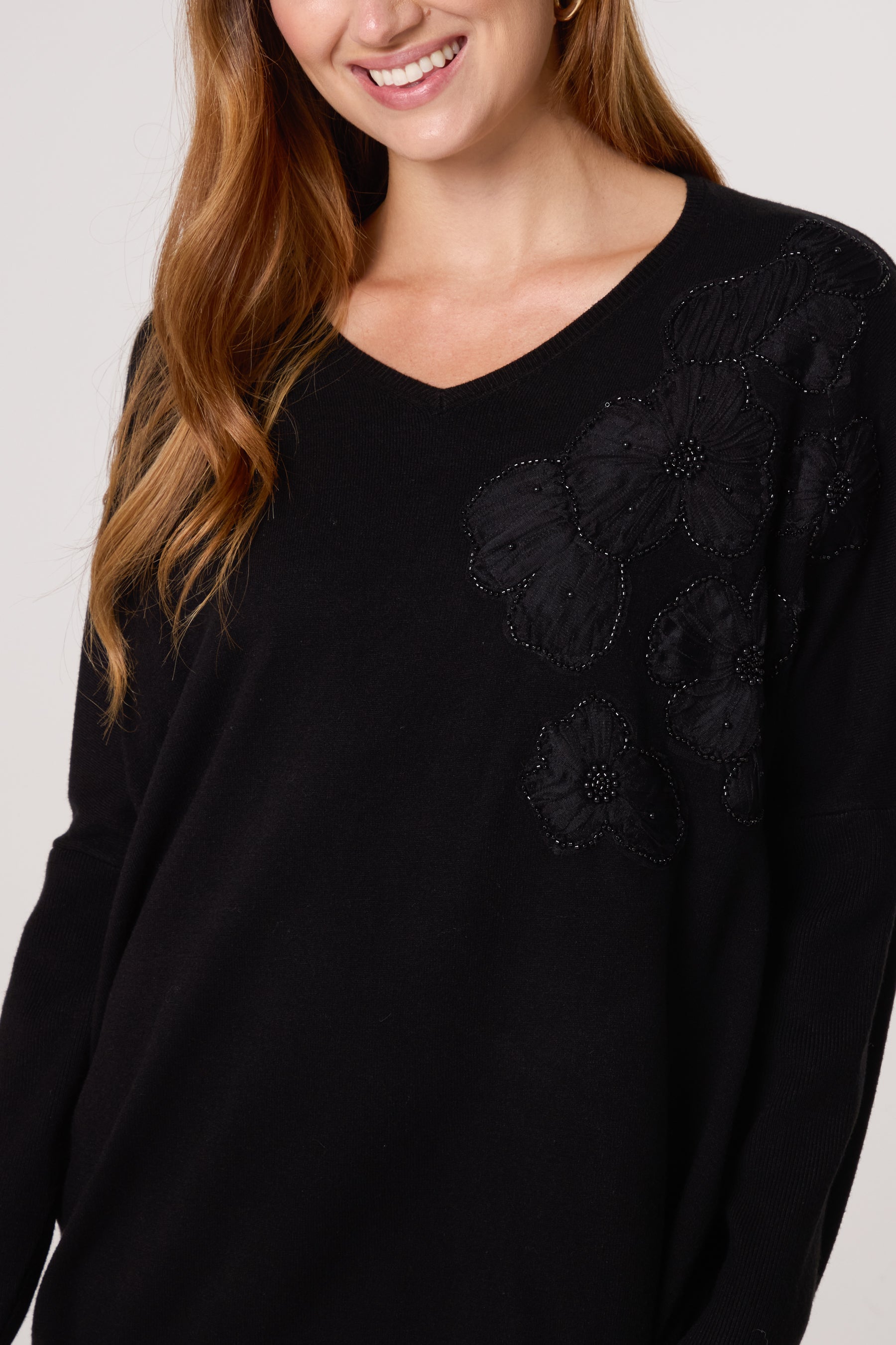Embellished Flowers V-Neck Jumper