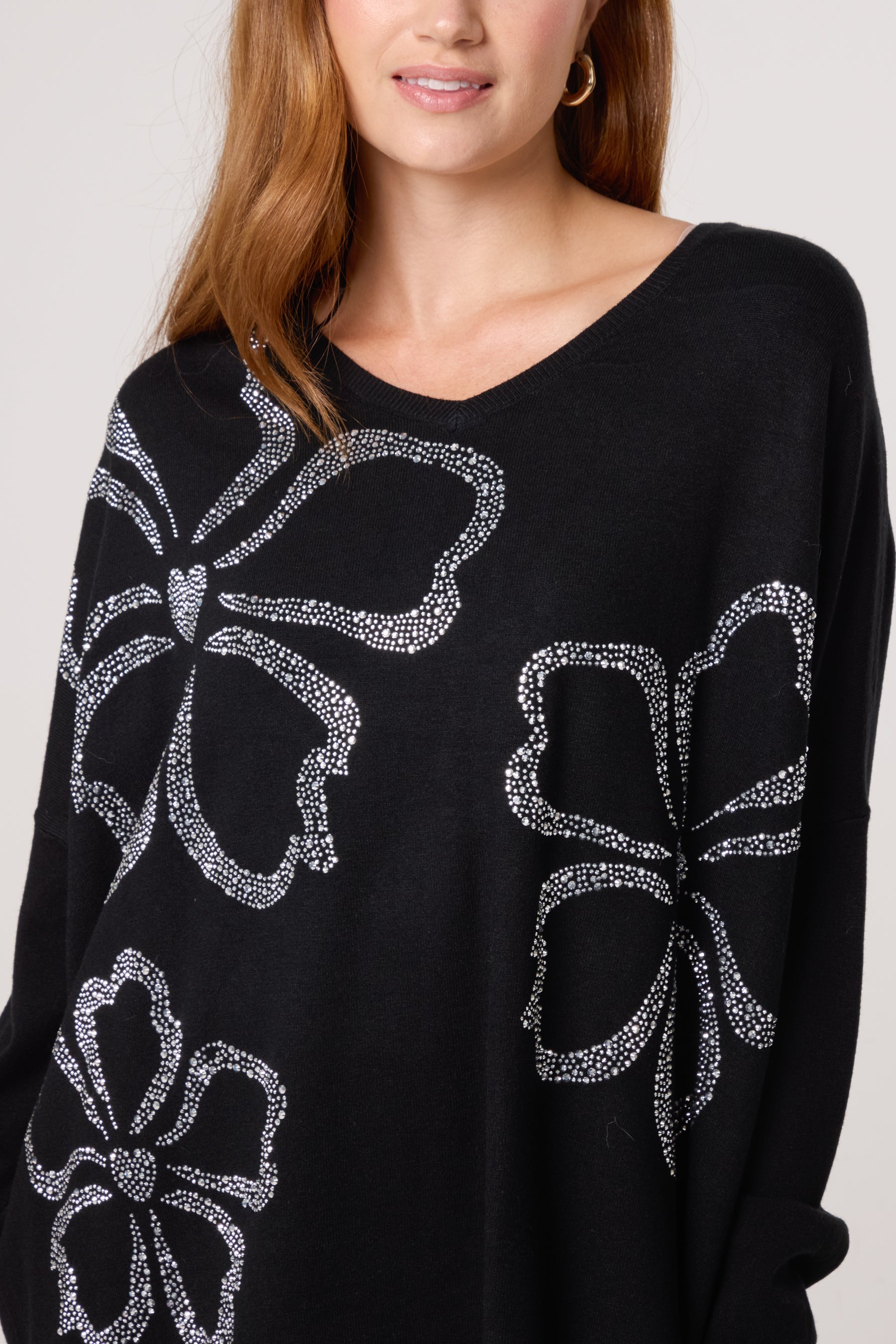 Diamante Heart Flowers V-Neck Jumper