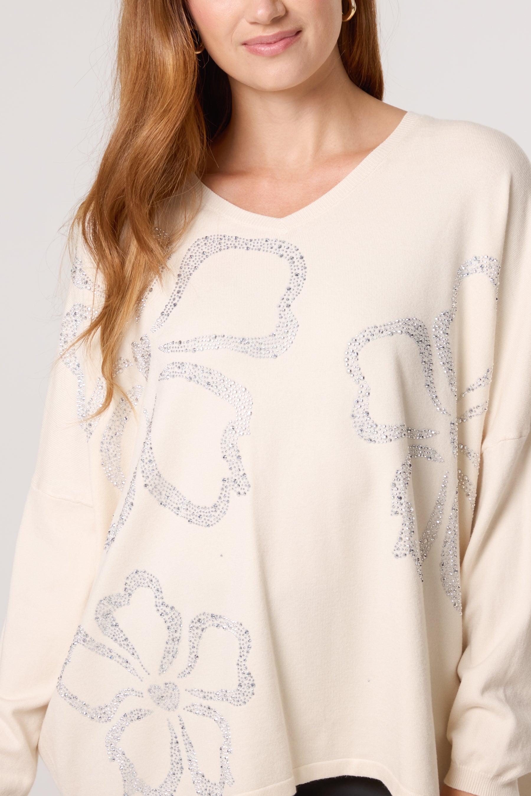 Diamante Heart Flowers V-Neck Jumper