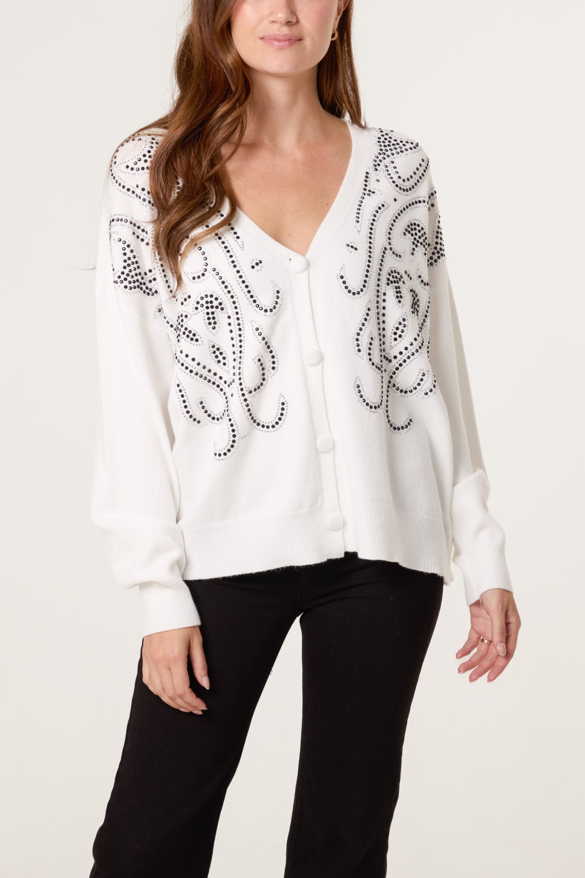 Embellished Pattern V-Neck Cardigan