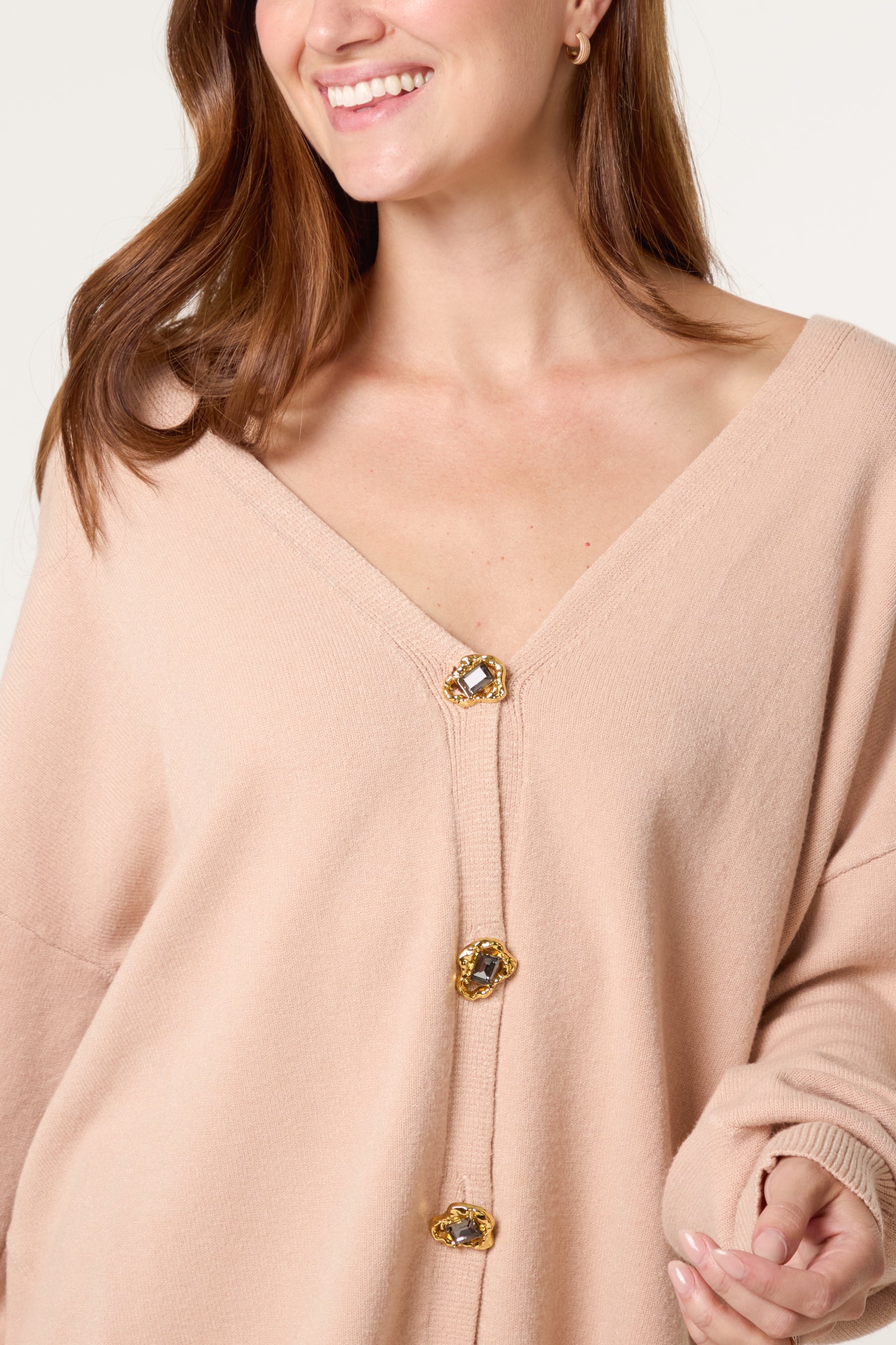 Gold & Jewelled Button V-Neck Cardigan