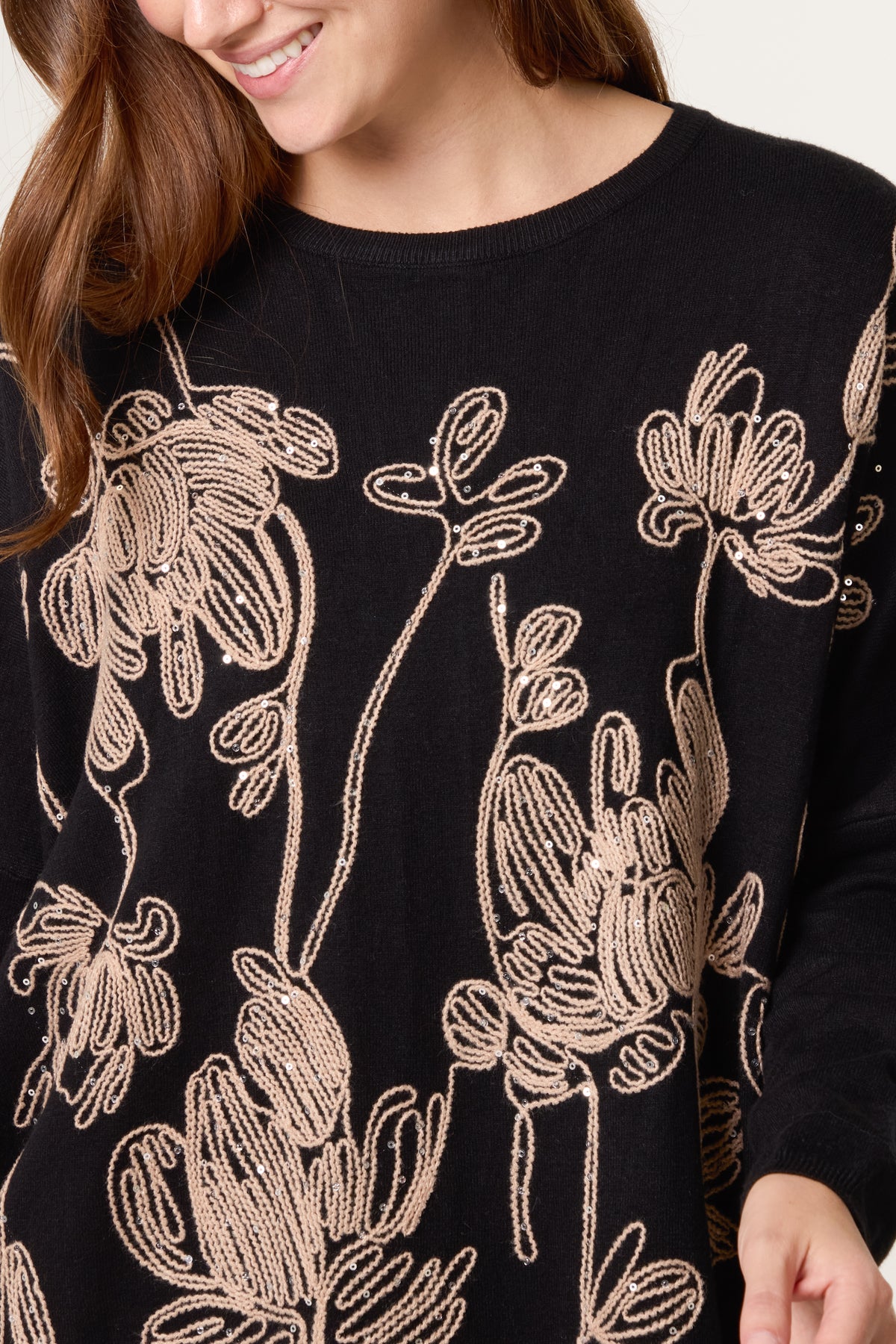 Sequin & Flower Embroidered Knit Jumper