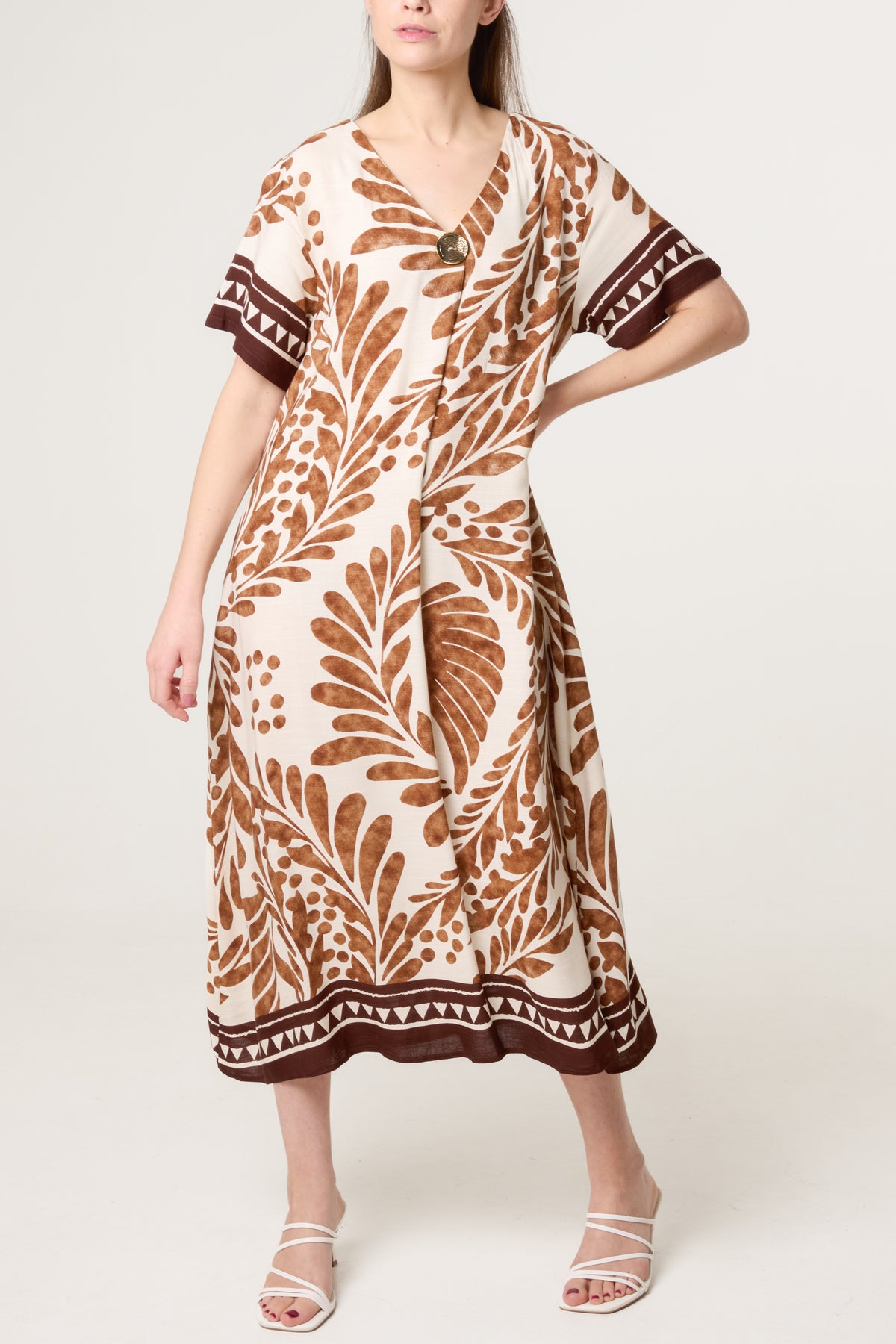 Gold Button Leaf Print Midi Dress