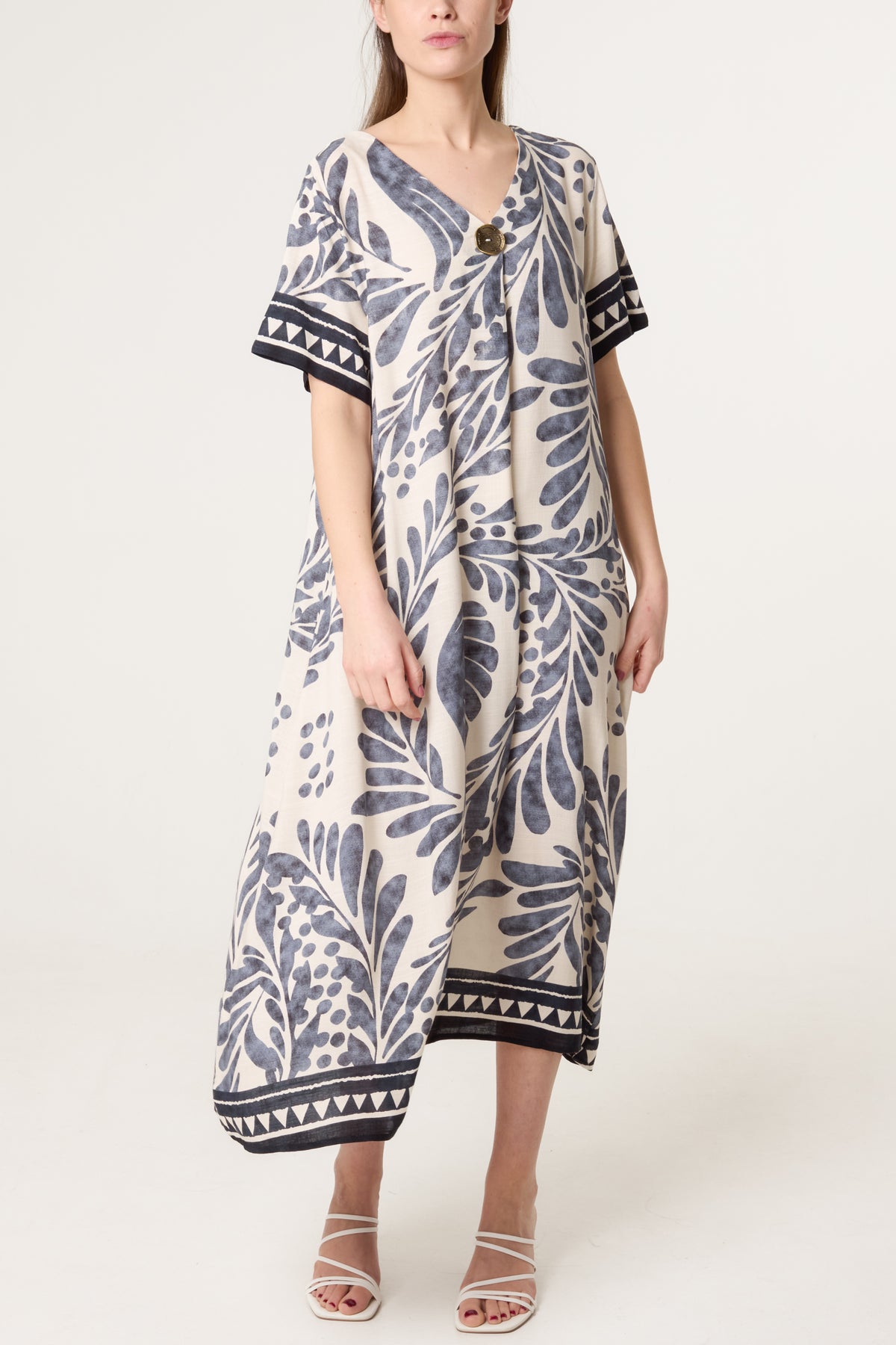 Gold Button Leaf Print Midi Dress