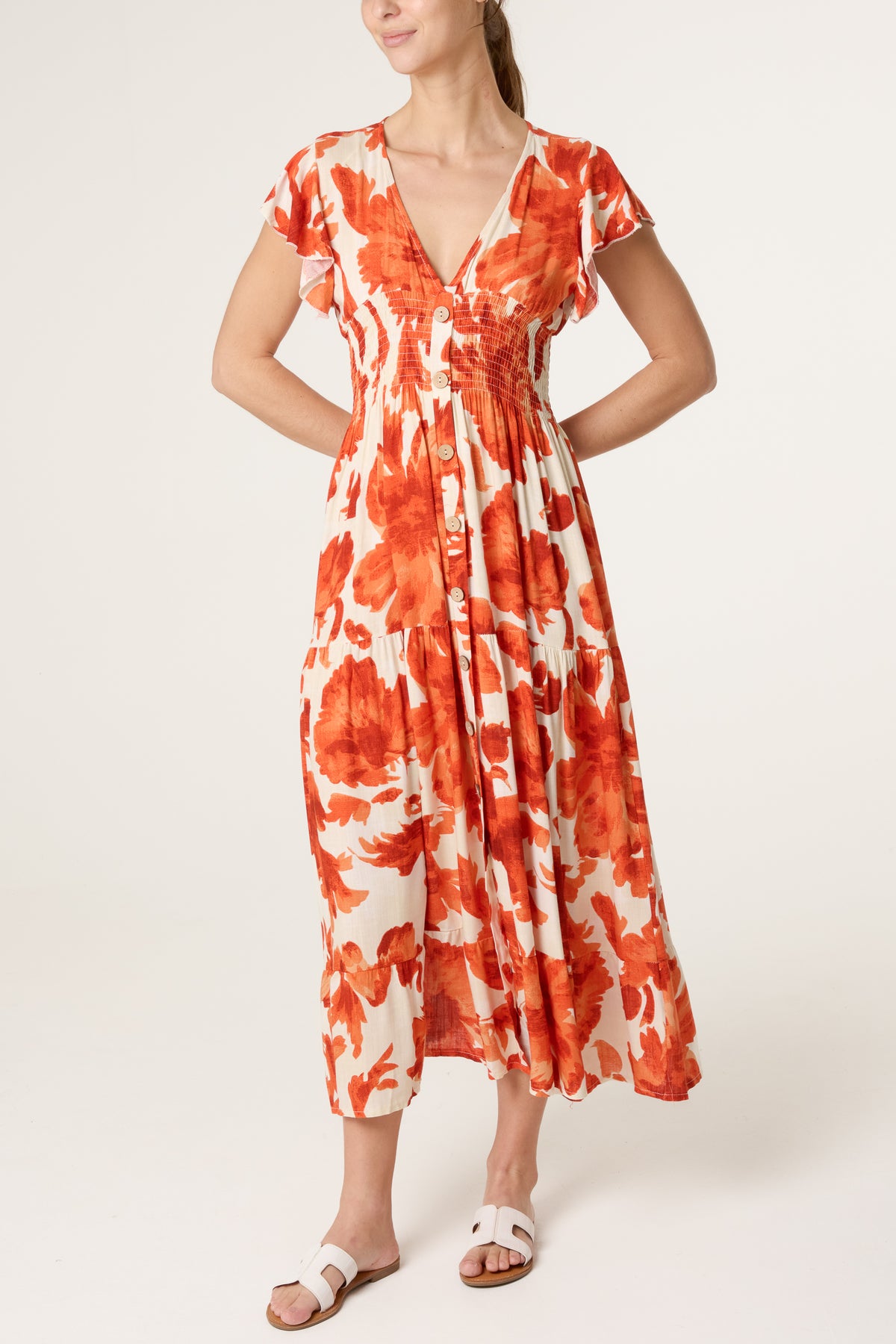 Button Through Elastic Flowers Dress