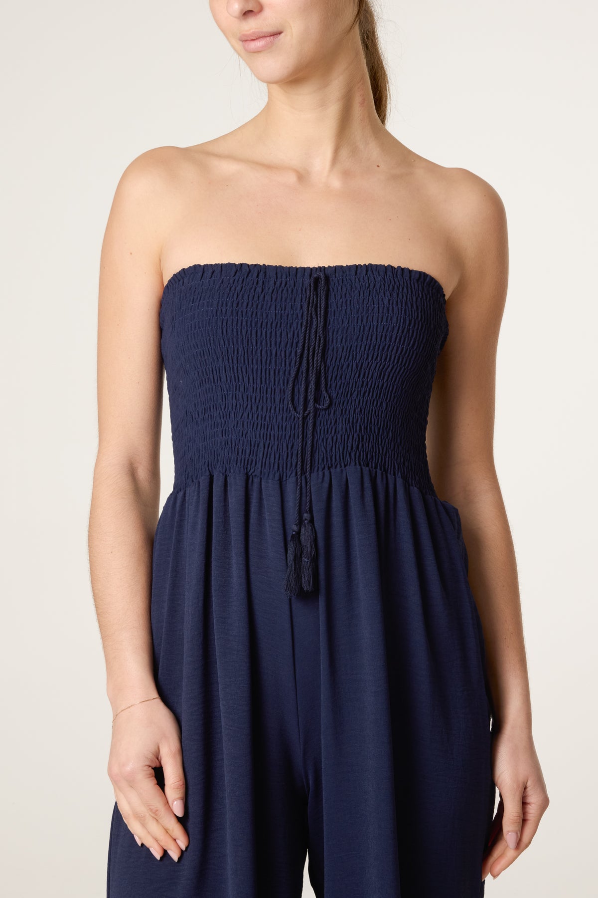 Shirred Bandeau Tassel Jumpsuit