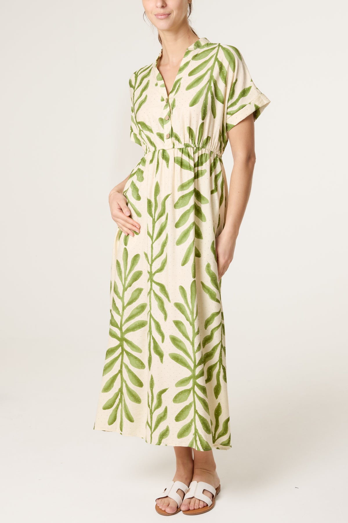 Leaf Print Embellished Open Collar Dress