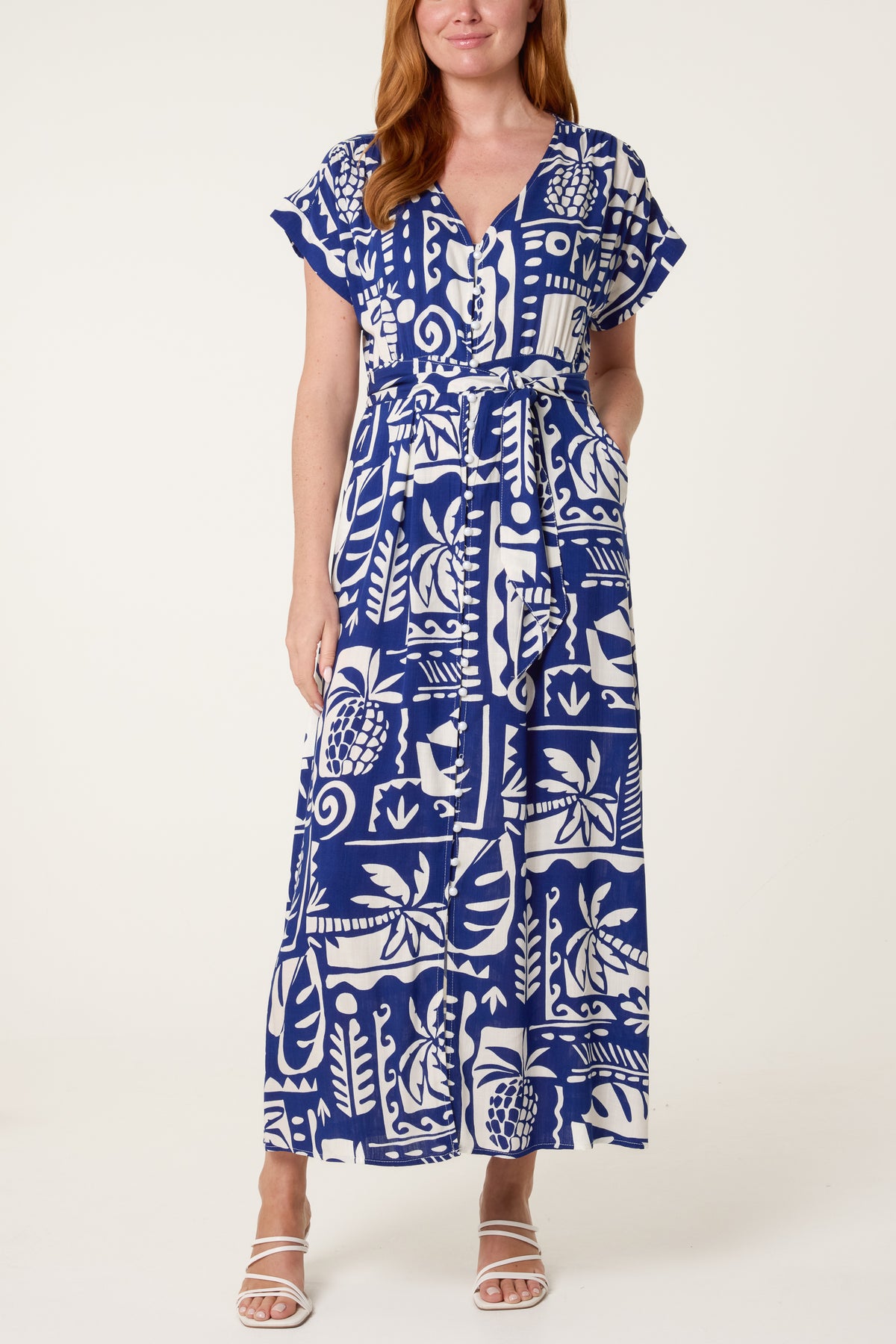 Palm Print Tie Waist Midi Dress