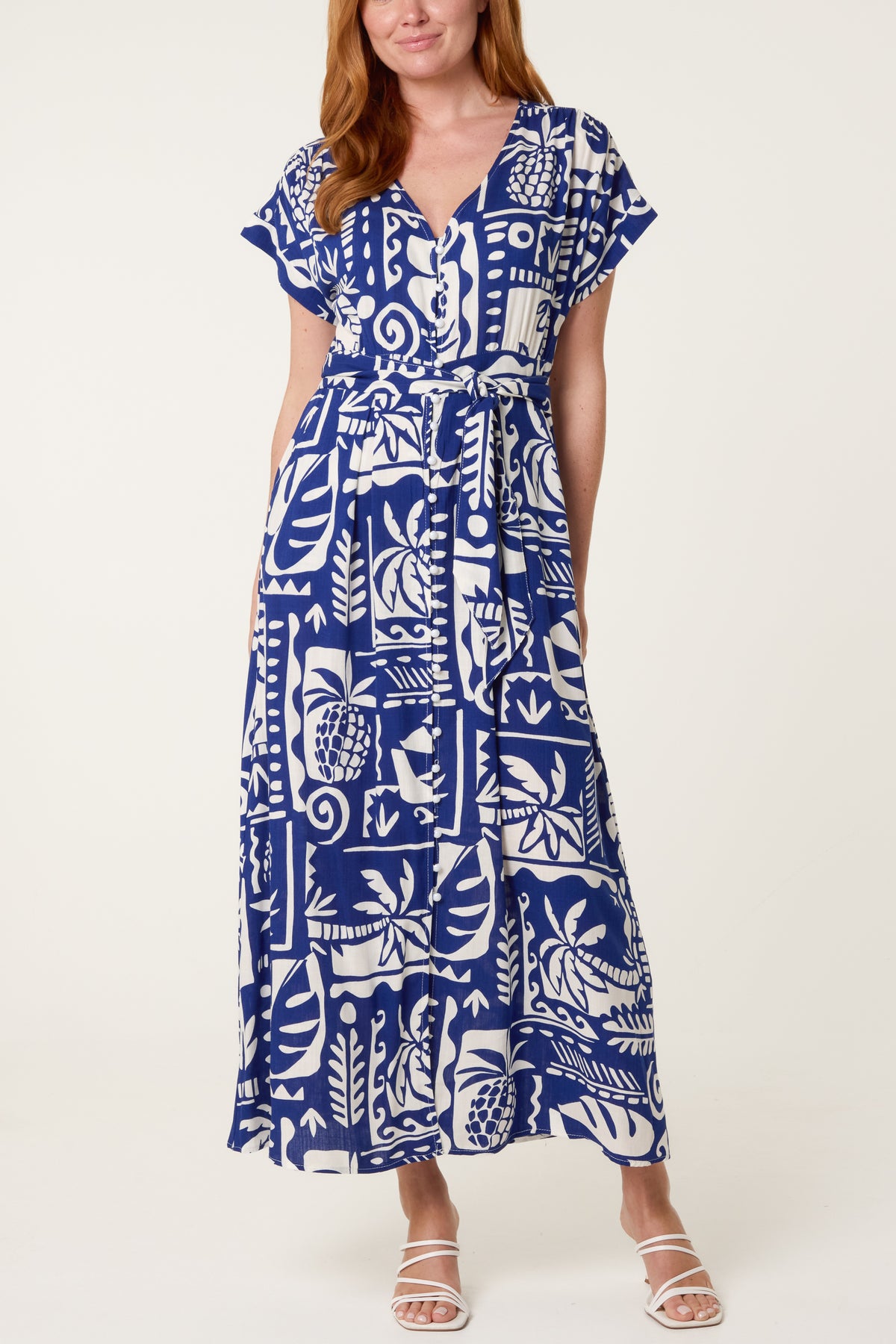 Palm Print Tie Waist Midi Dress