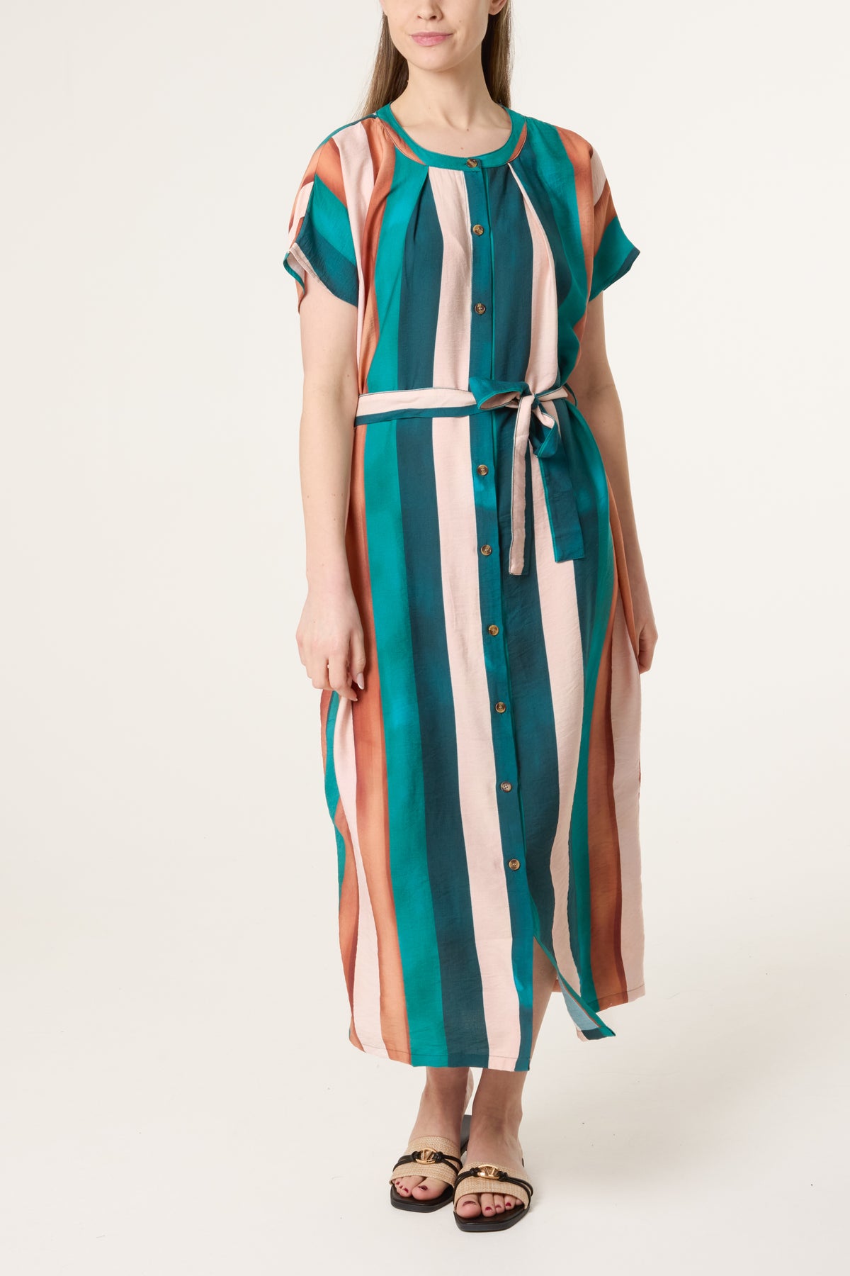 Stripe Button Through Tie Front Dress