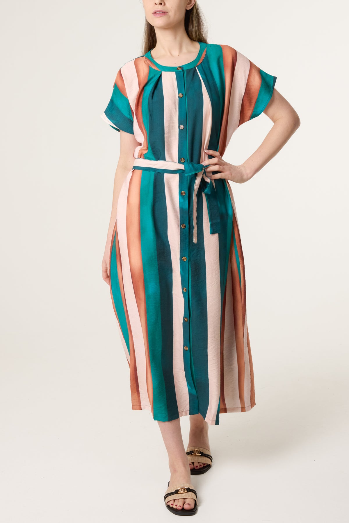 Stripe Button Through Tie Front Dress