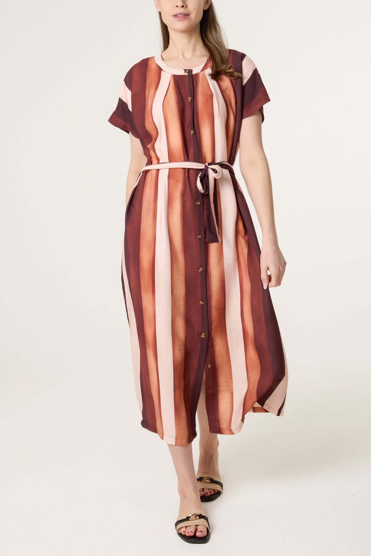 Stripe Button Through Tie Front Dress
