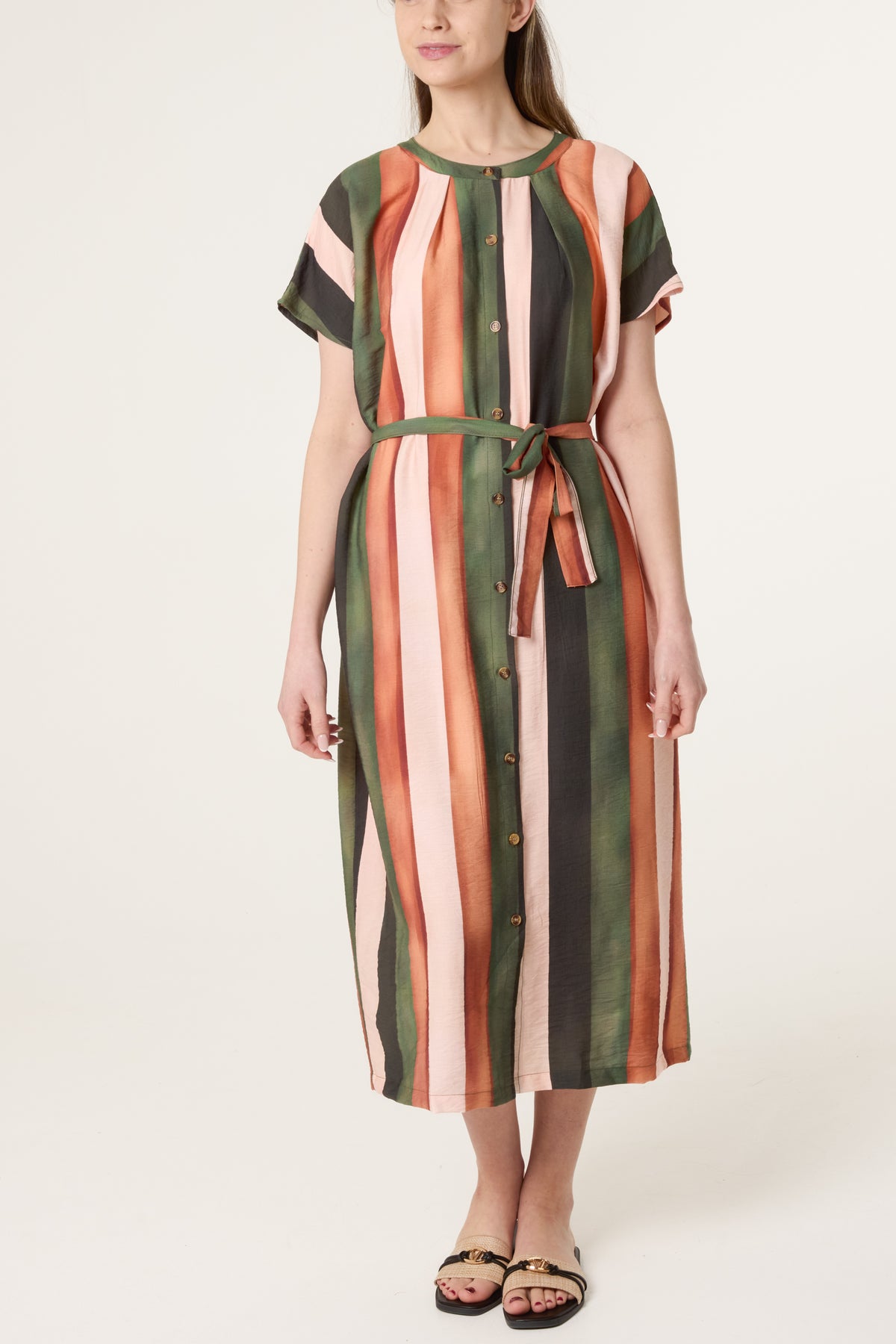 Stripe Button Through Tie Front Dress