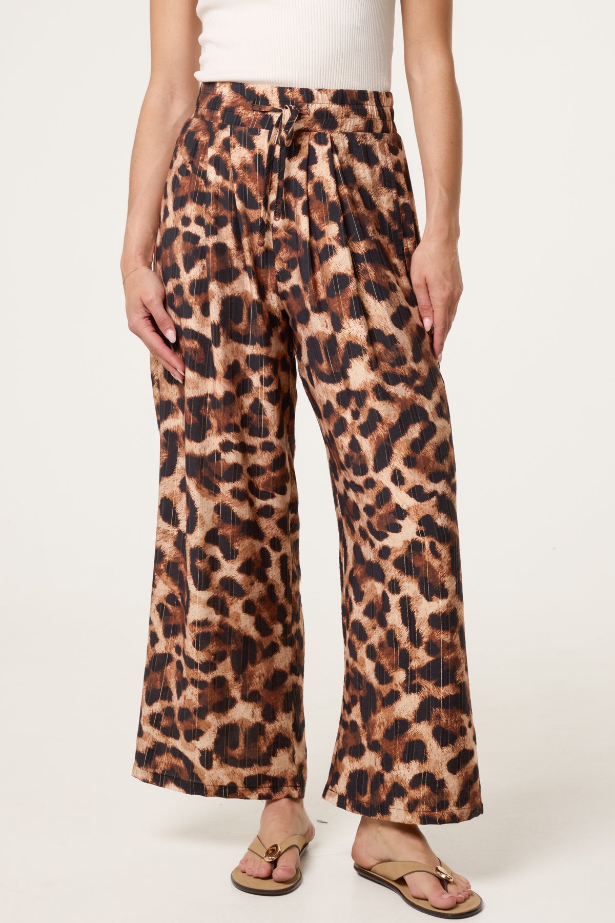 Metallic Stripes Leopard Print Wide Leg Trousers