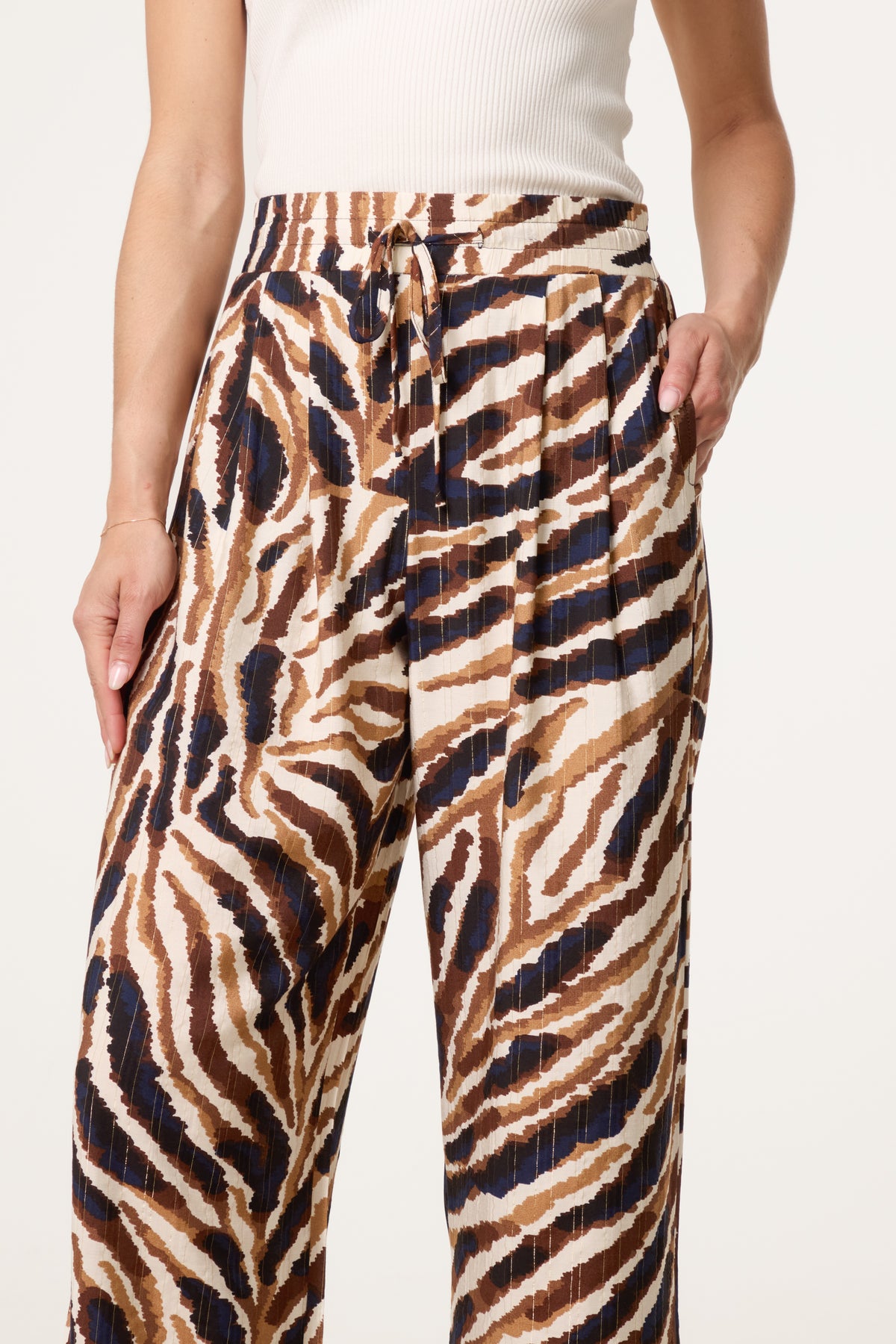 Tiger Print With Metallic Detail Drawstring Wide Leg Trousers