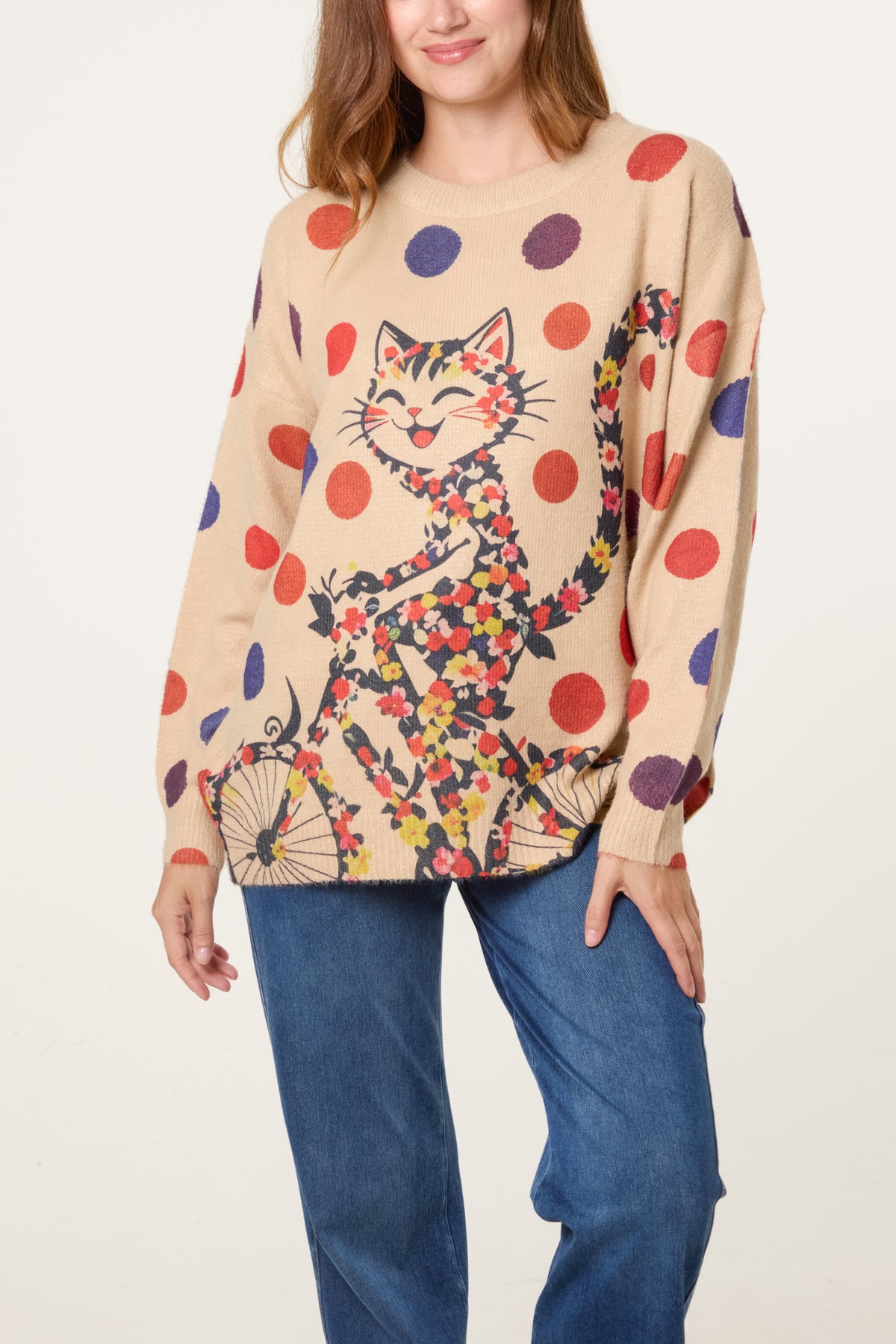 Floral Cat-On-Bicycle Knit Jumper