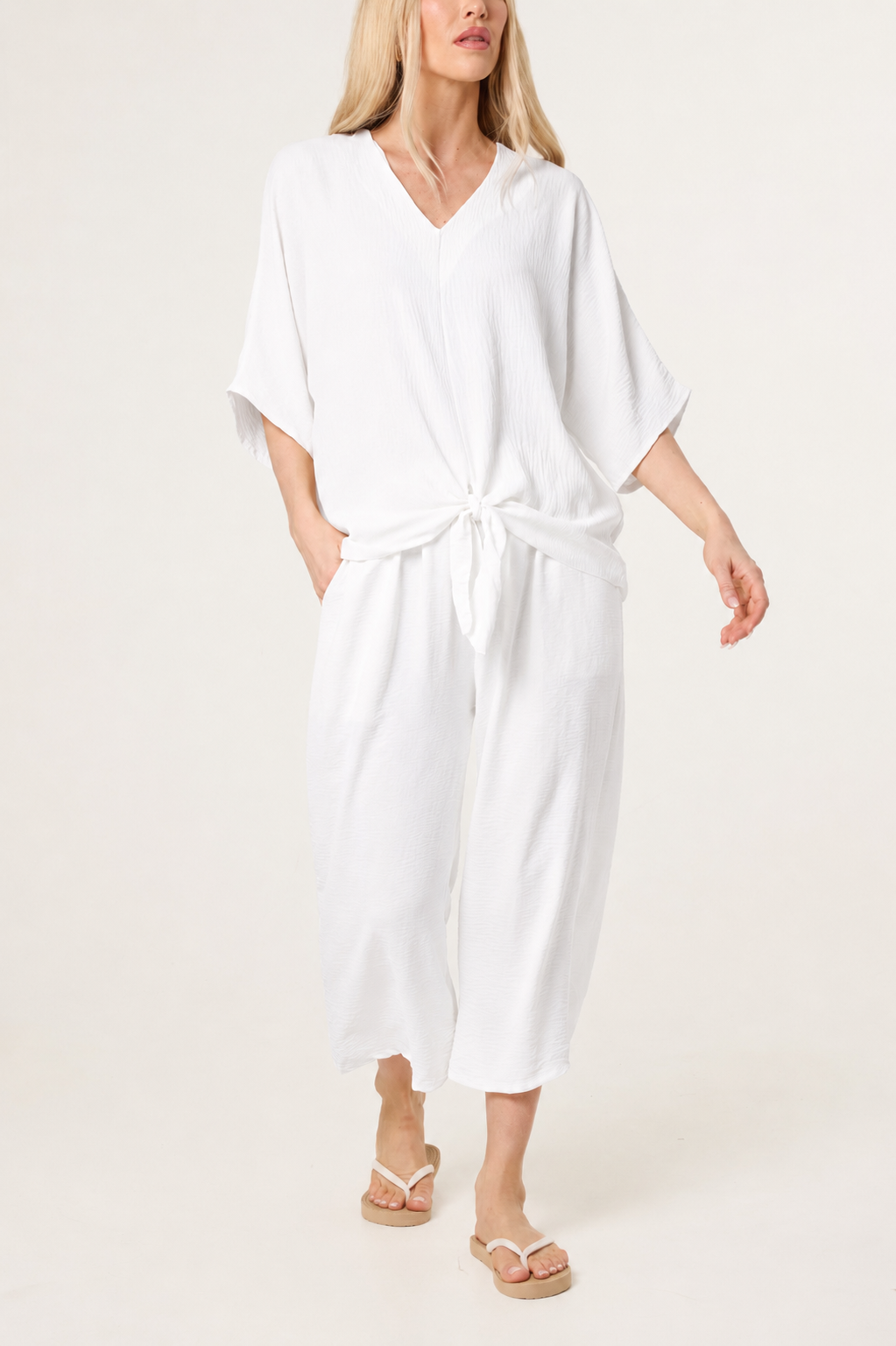 V-Neck Front Knot Top & Trousers Set