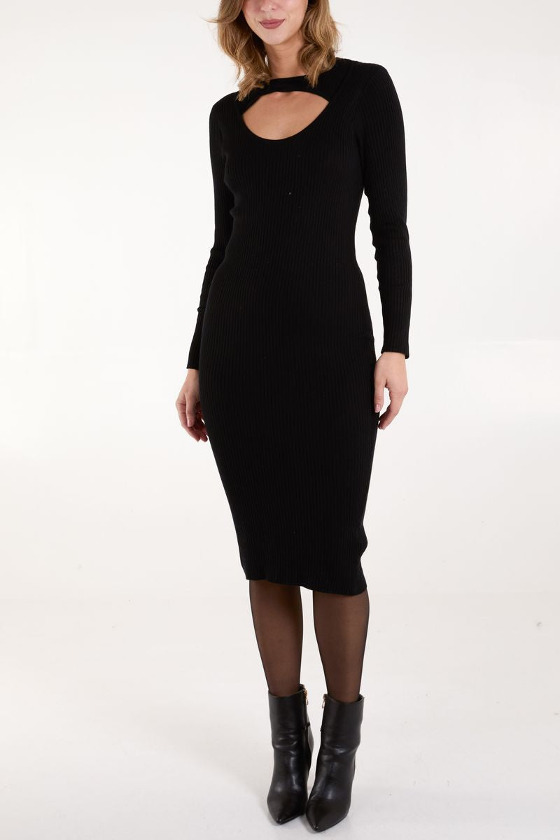 Keyhole Ribbed Knit Midi Dress