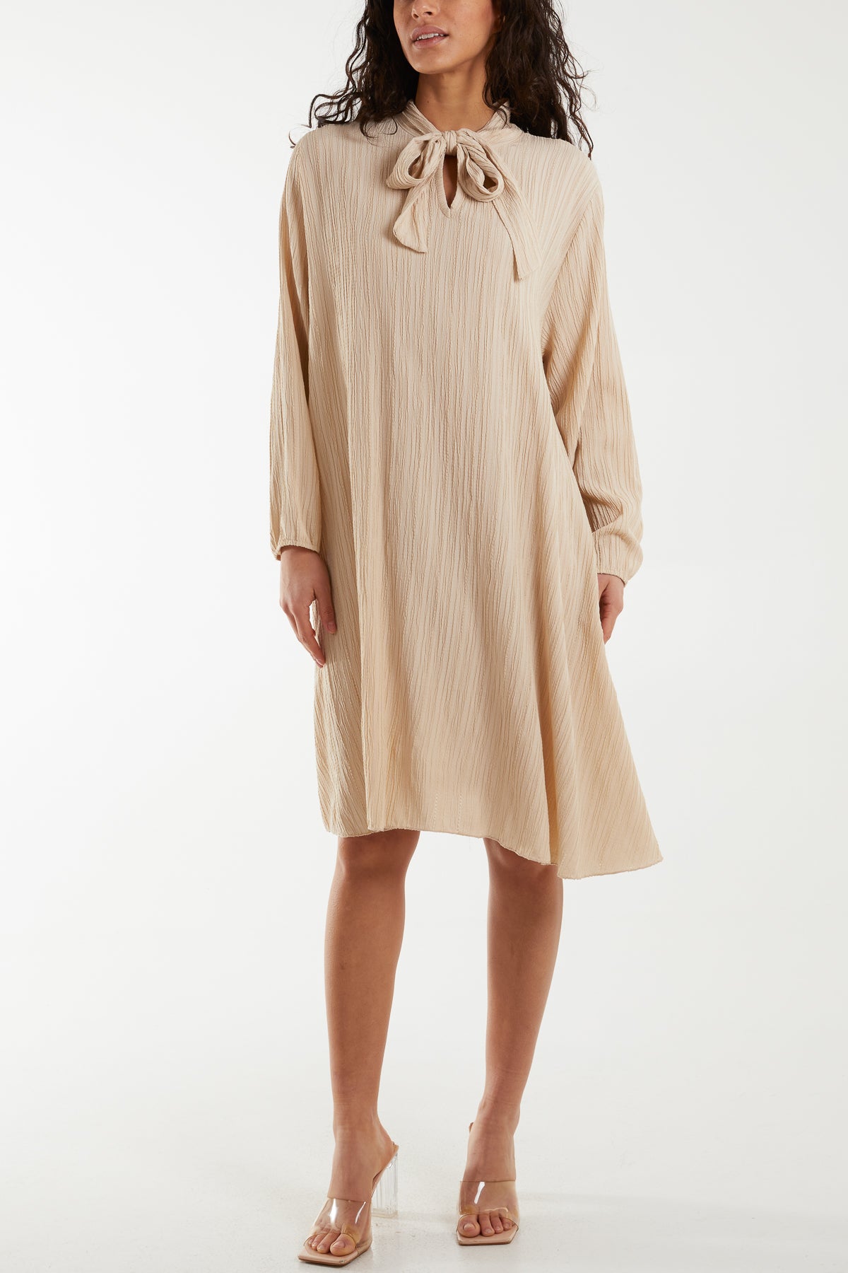 Pussy Bow Crinkle Fabric Midi Dress