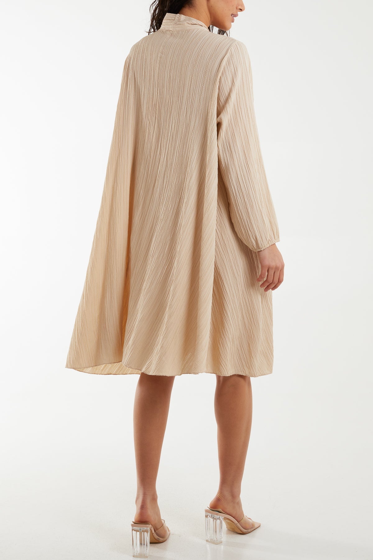 Pussy Bow Crinkle Fabric Midi Dress