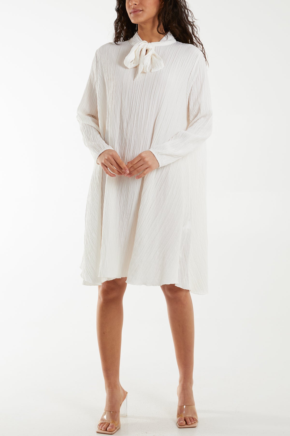 Pussy Bow Crinkle Fabric Midi Dress