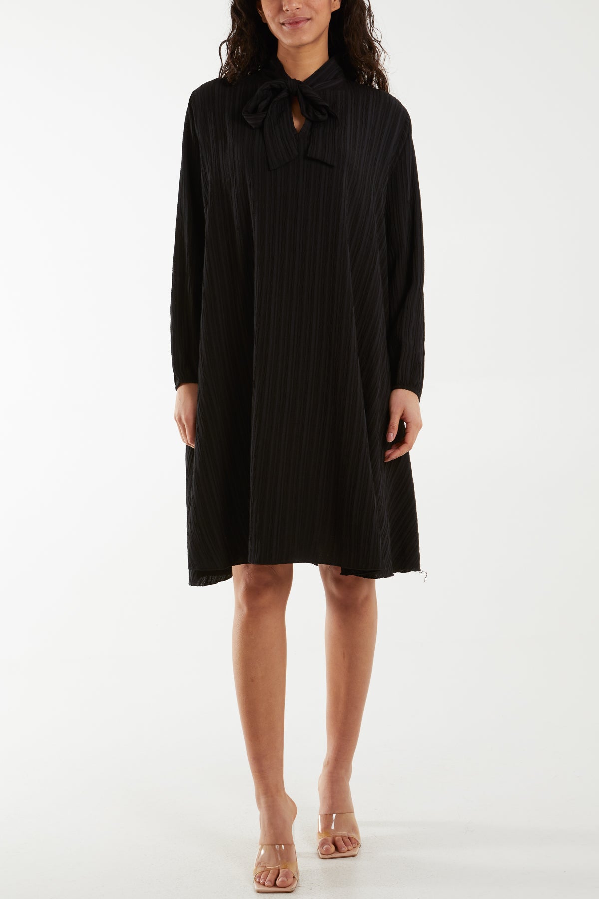 Pussy Bow Crinkle Fabric Midi Dress