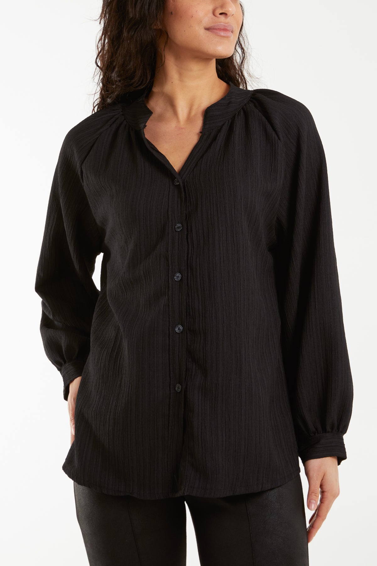 Collarless Balloon Sleeve Crinkle Shirt