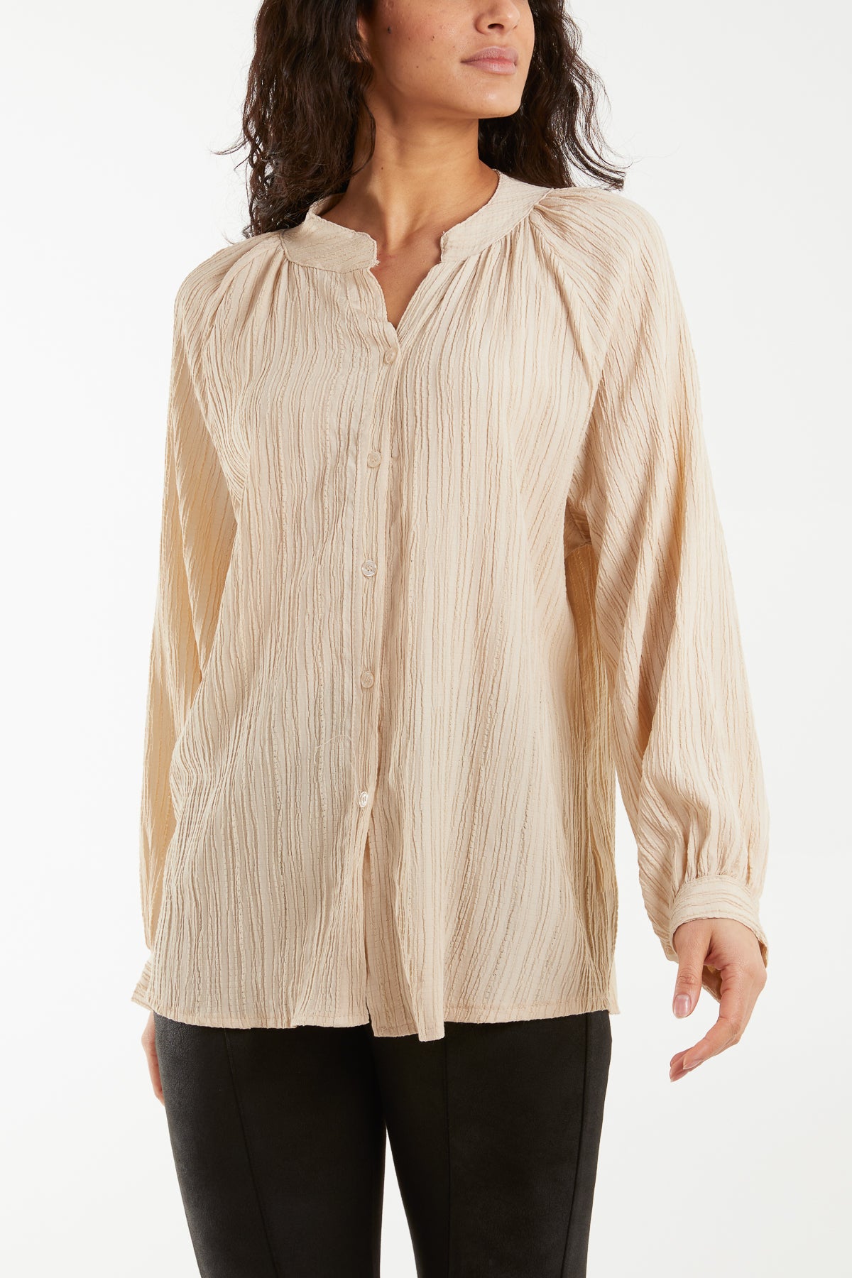 Collarless Balloon Sleeve Crinkle Shirt
