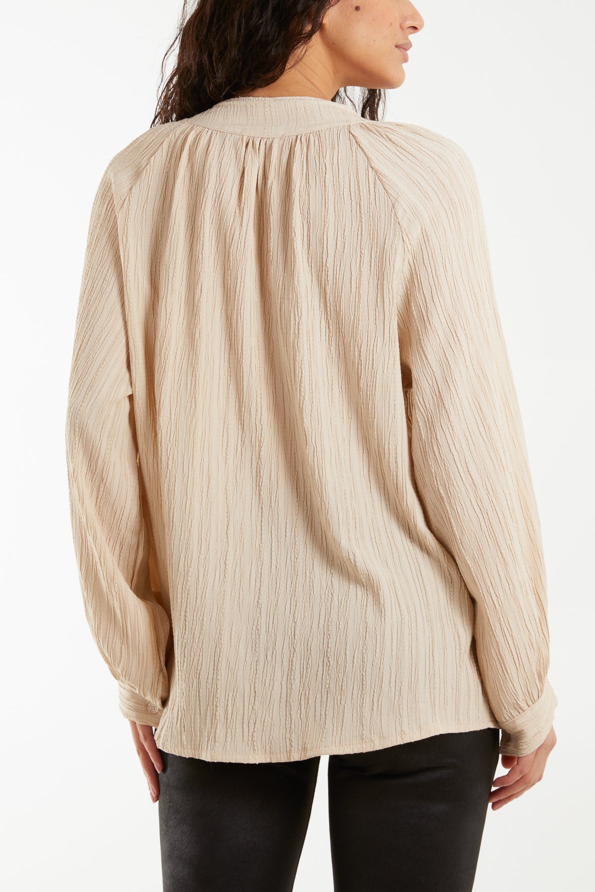 Collarless Balloon Sleeve Crinkle Shirt