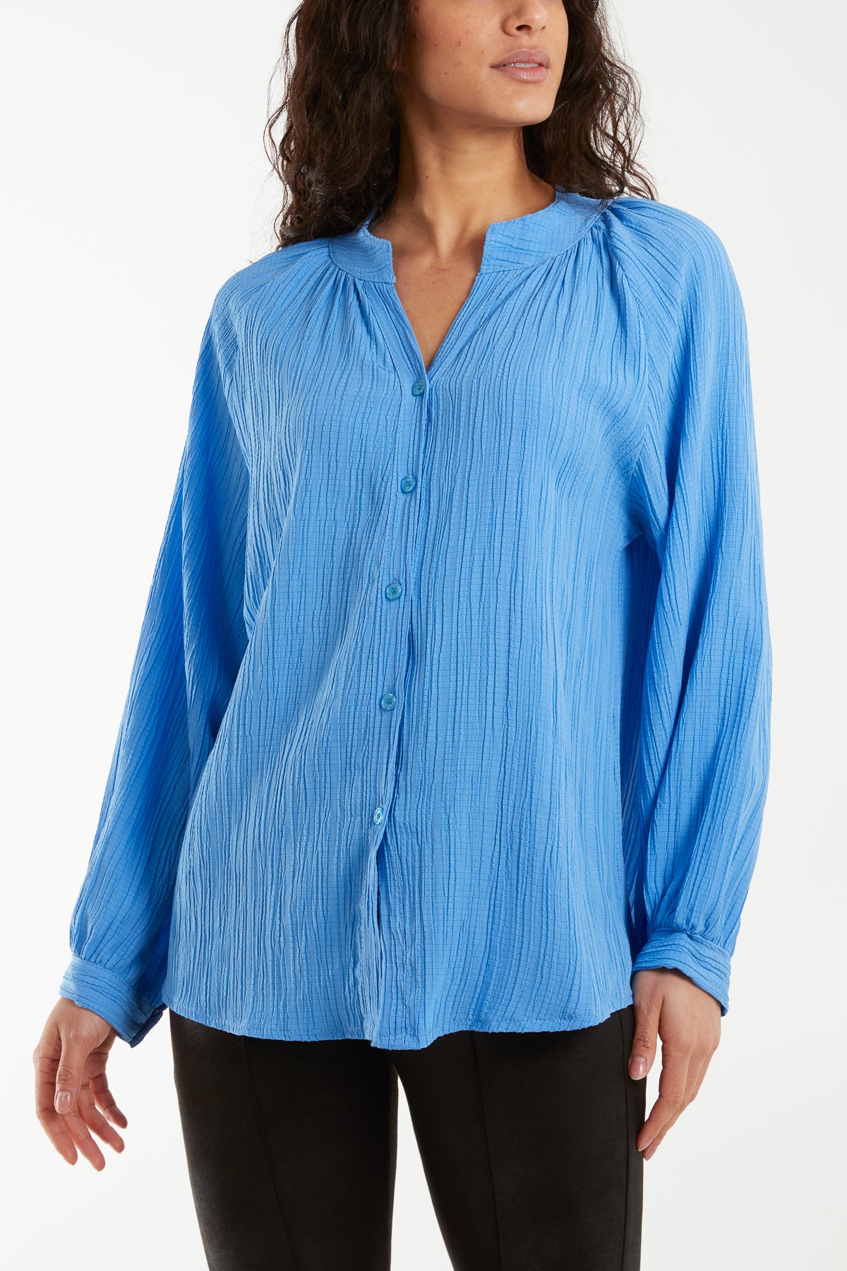 Collarless Balloon Sleeve Crinkle Shirt