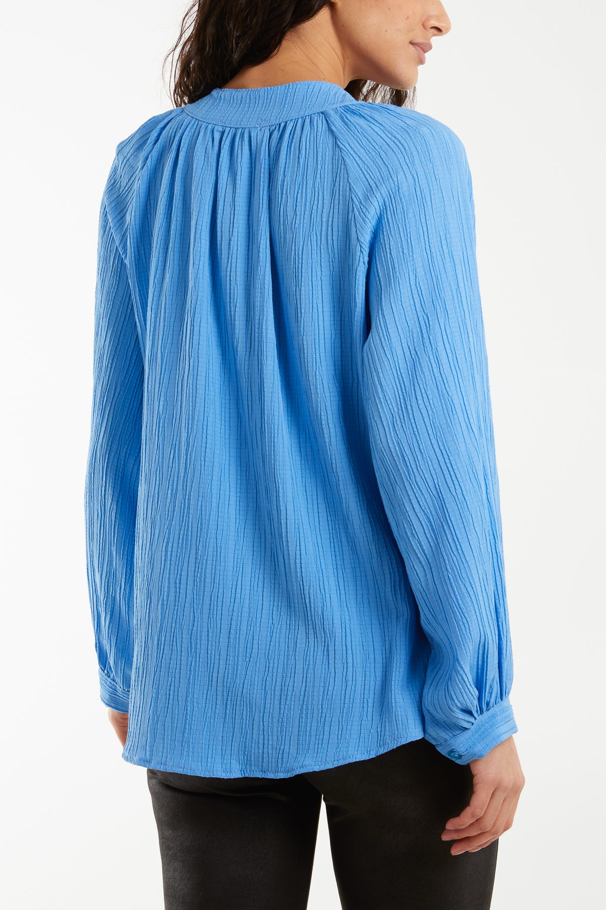 Collarless Balloon Sleeve Crinkle Shirt