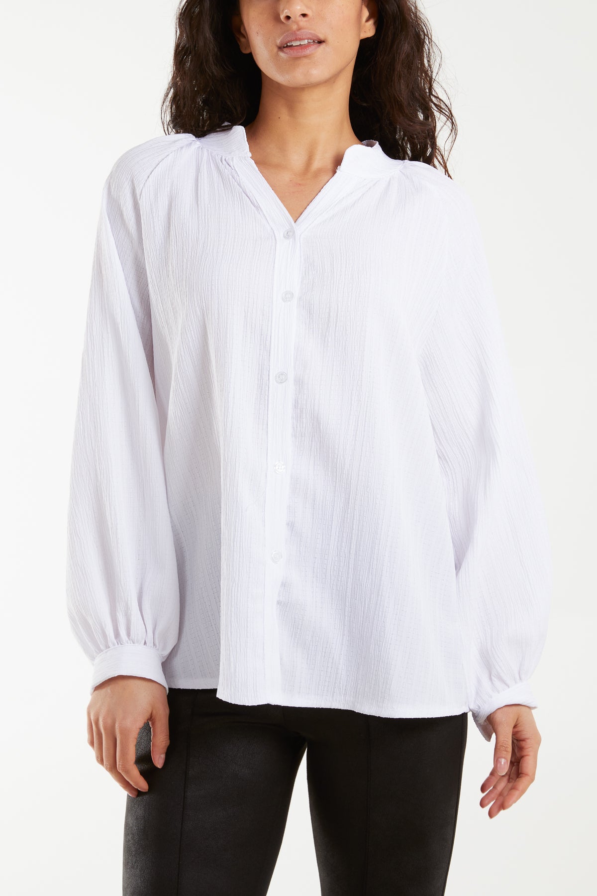 Collarless Balloon Sleeve Crinkle Shirt