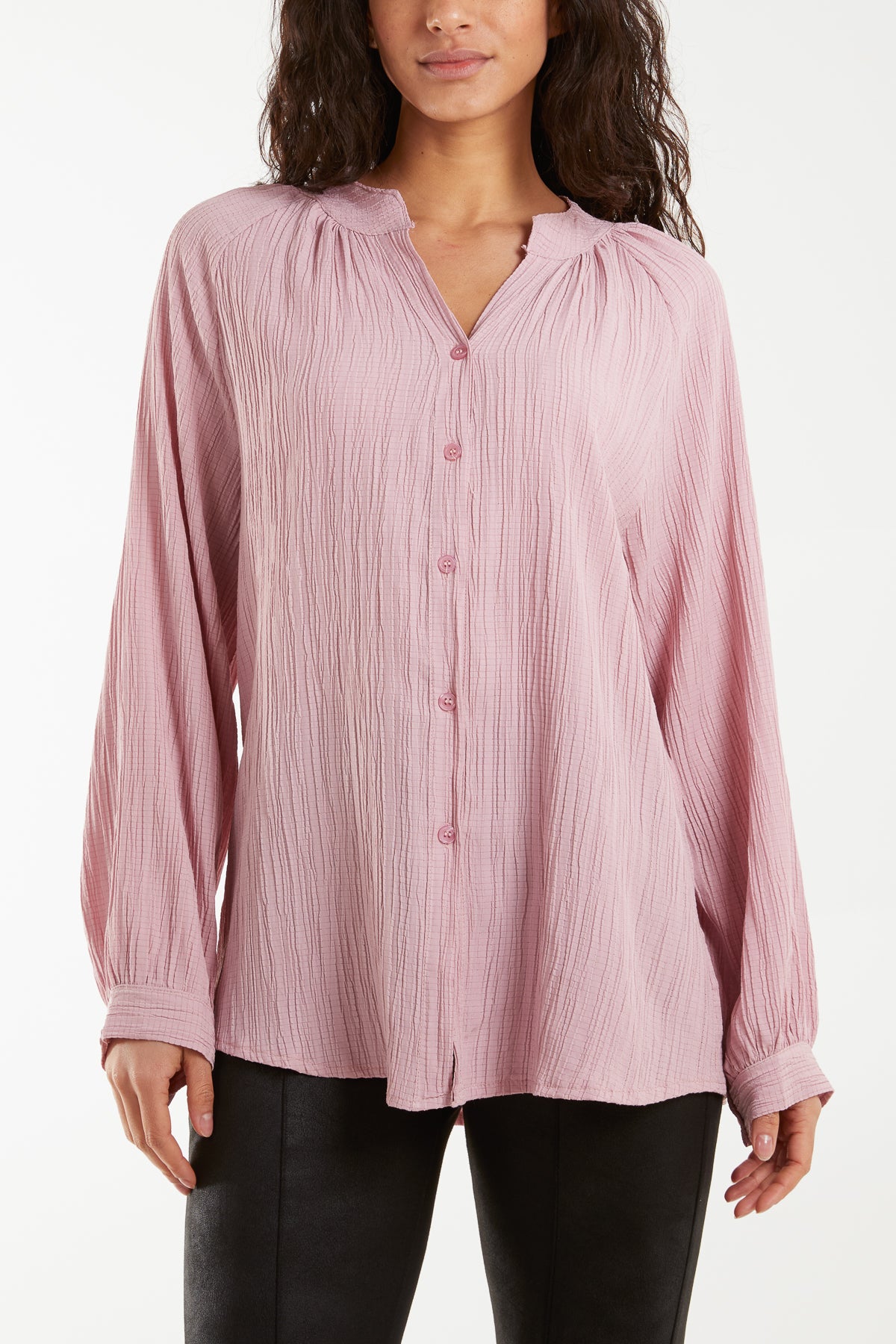 Collarless Balloon Sleeve Crinkle Shirt