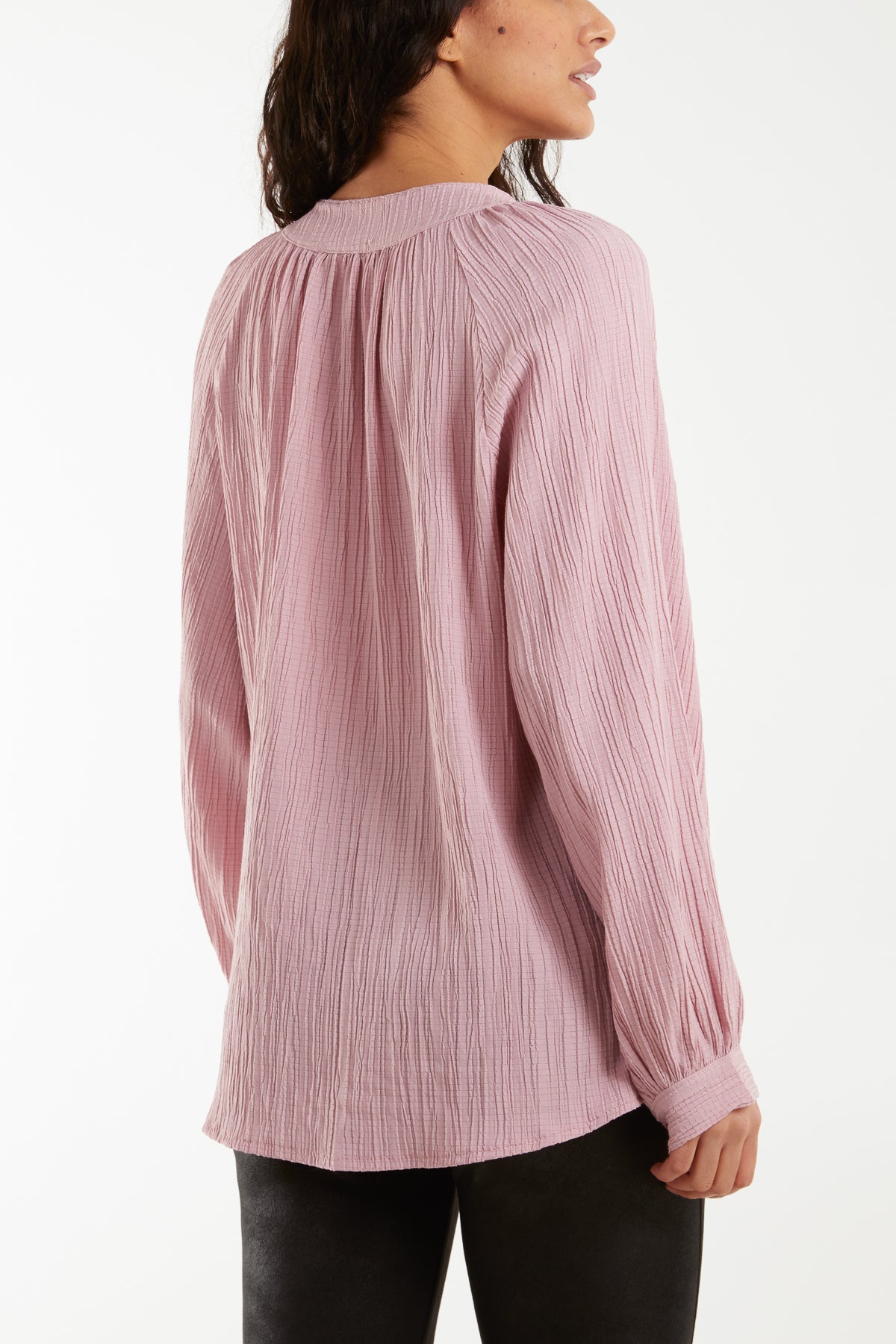 Collarless Balloon Sleeve Crinkle Shirt