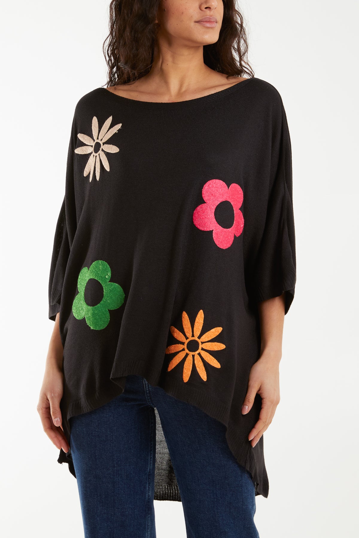 Boat Neck Floral High Low Knit Top
