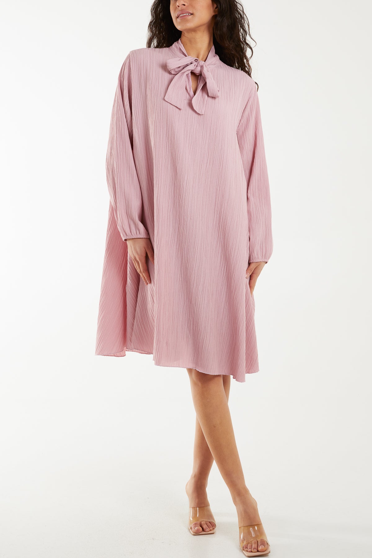 Pussy Bow Crinkle Fabric Midi Dress