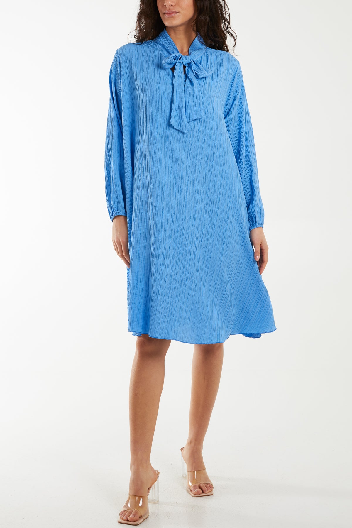 Pussy Bow Crinkle Fabric Midi Dress