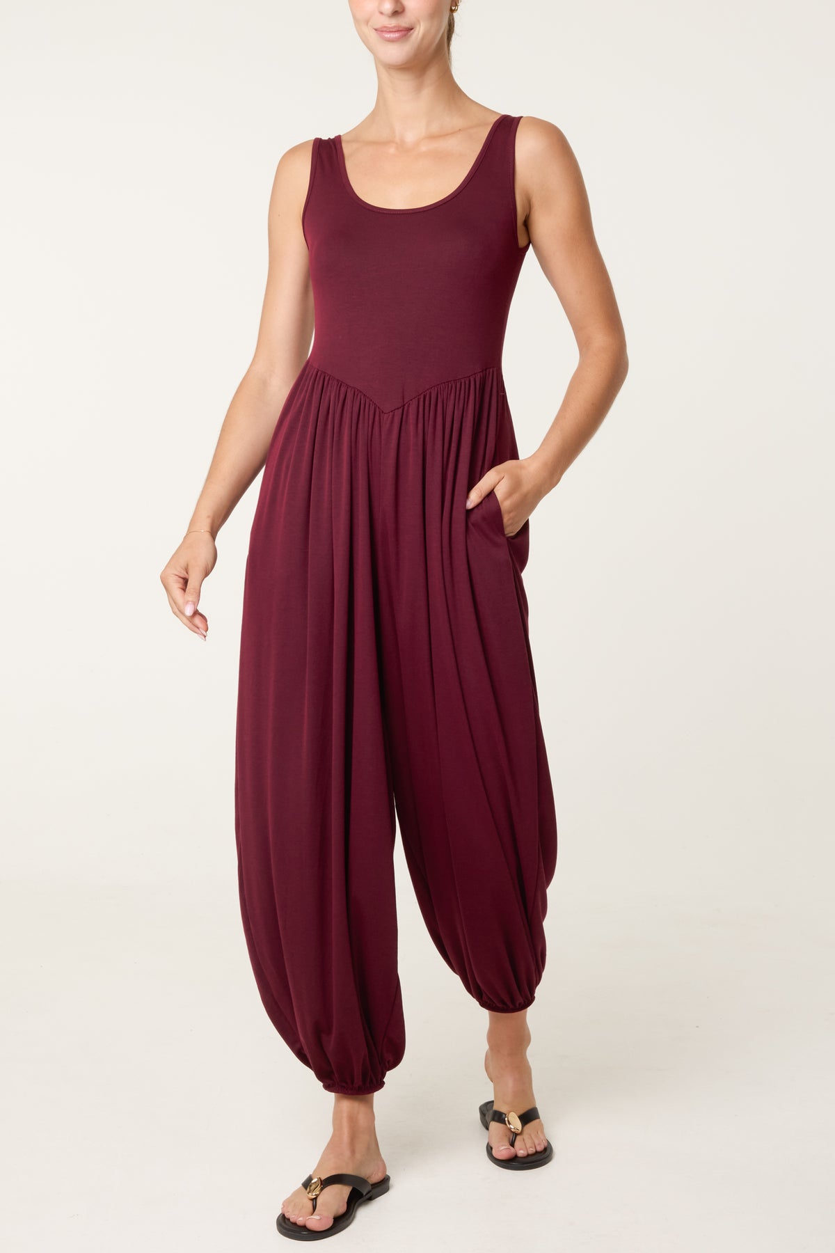 Fine Rib Stretch Harem Jumpsuit