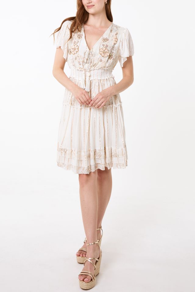 Embellished Gold Floral Tiered Mini Dress