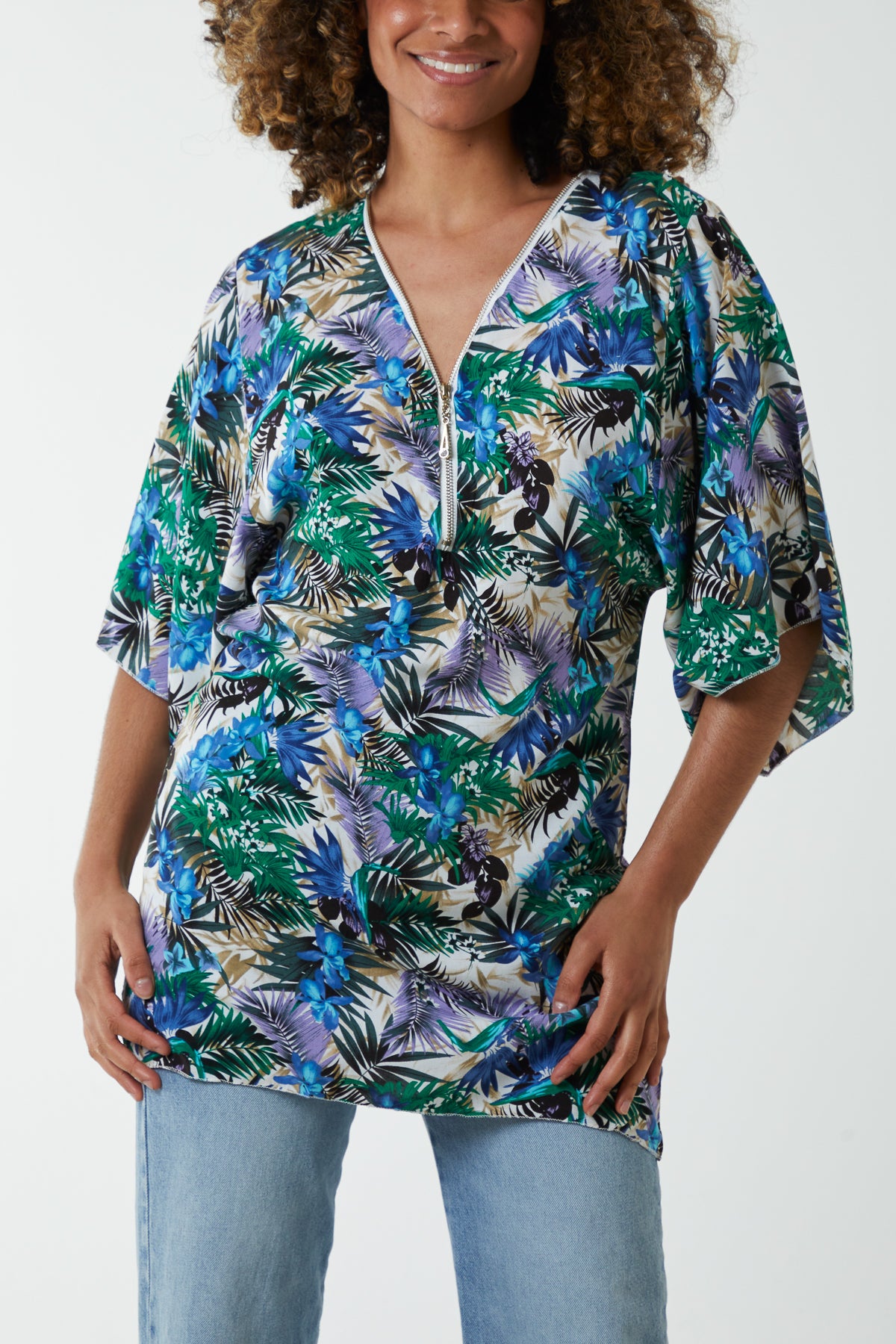 Tropical Leaf Print Zip Top