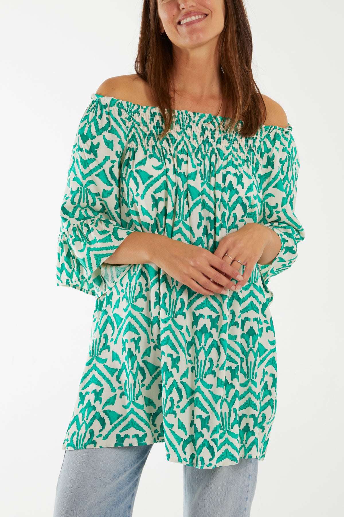 Baroque Print Bardot 3/4 Sleeve Top