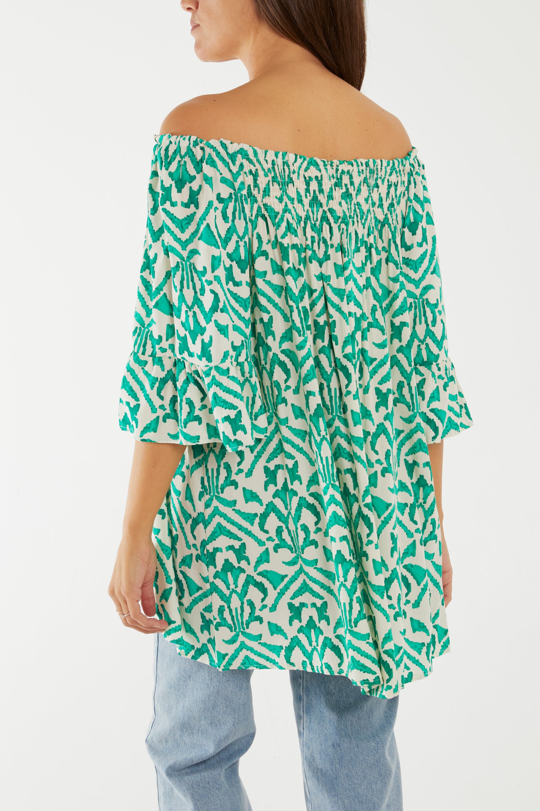 Baroque Print Bardot 3/4 Sleeve Top