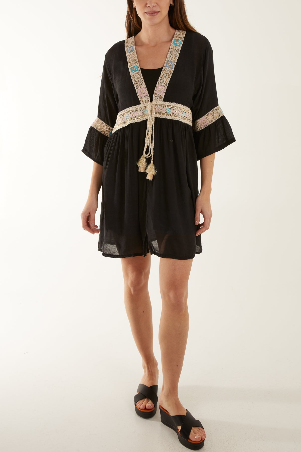 Embroidery & Tassel Linen Tie Kimono