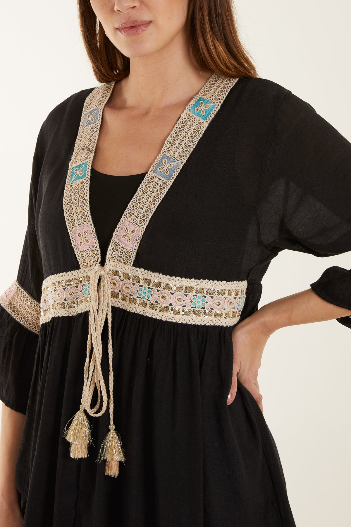 Embroidery & Tassel Linen Tie Kimono